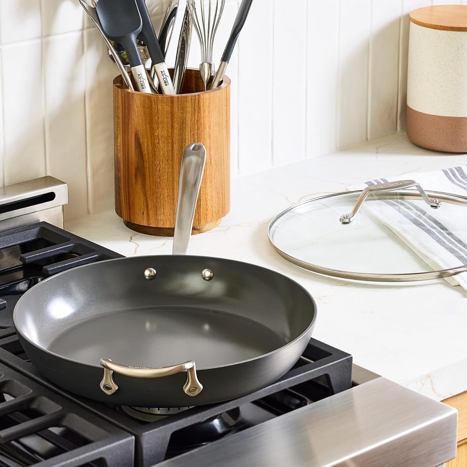 image:imageAllClad HA1 Ceramic Nonstick Frying Pan Set with Lid 12 inch Oven Safe up to 450 amp Compatible with All Stovetops Gas Electric amp Induction Light Grey12 Fry Pan with Lid