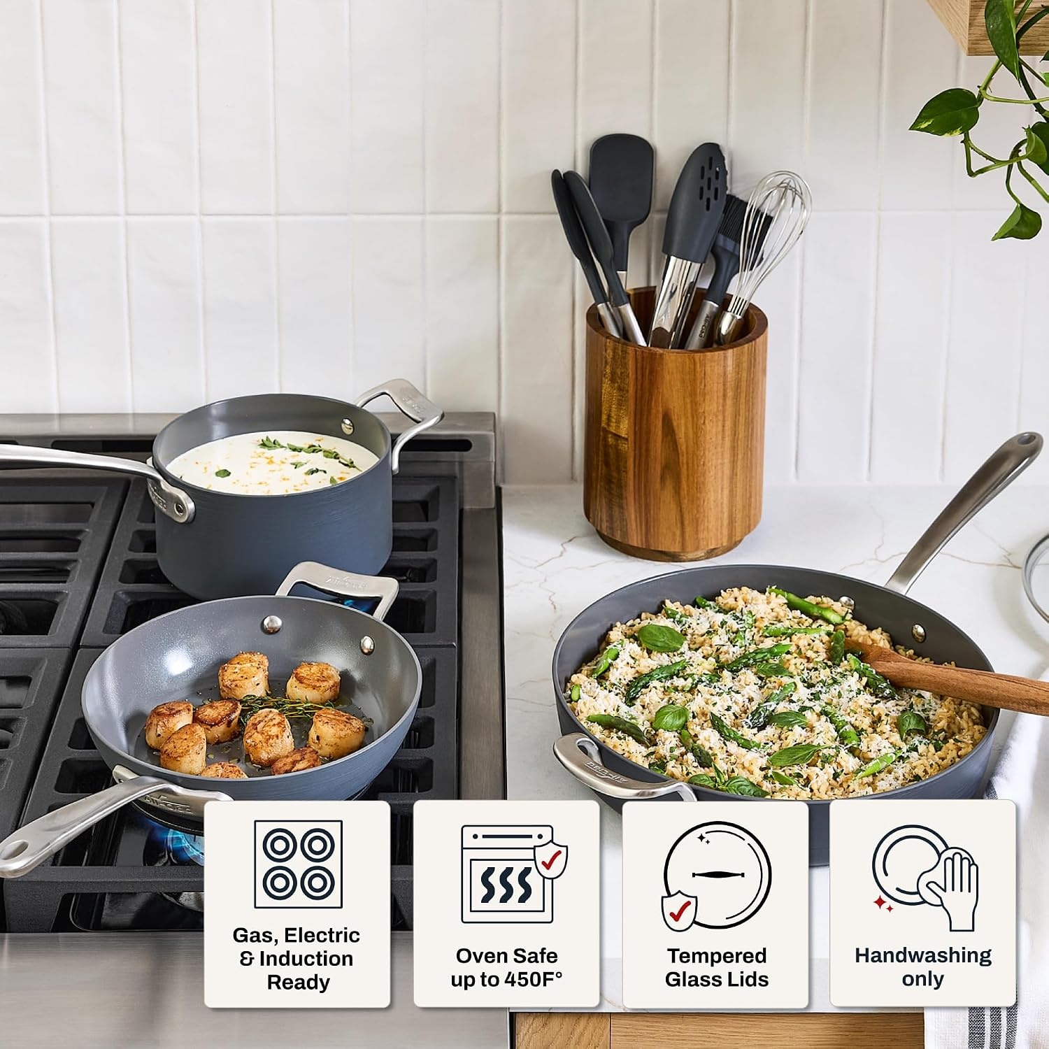 image:imageAllClad HA1 Ceramic Nonstick Frying Pan Set with Lid 12 inch Oven Safe up to 450 amp Compatible with All Stovetops Gas Electric amp Induction Light Grey10 pc Cookware Set