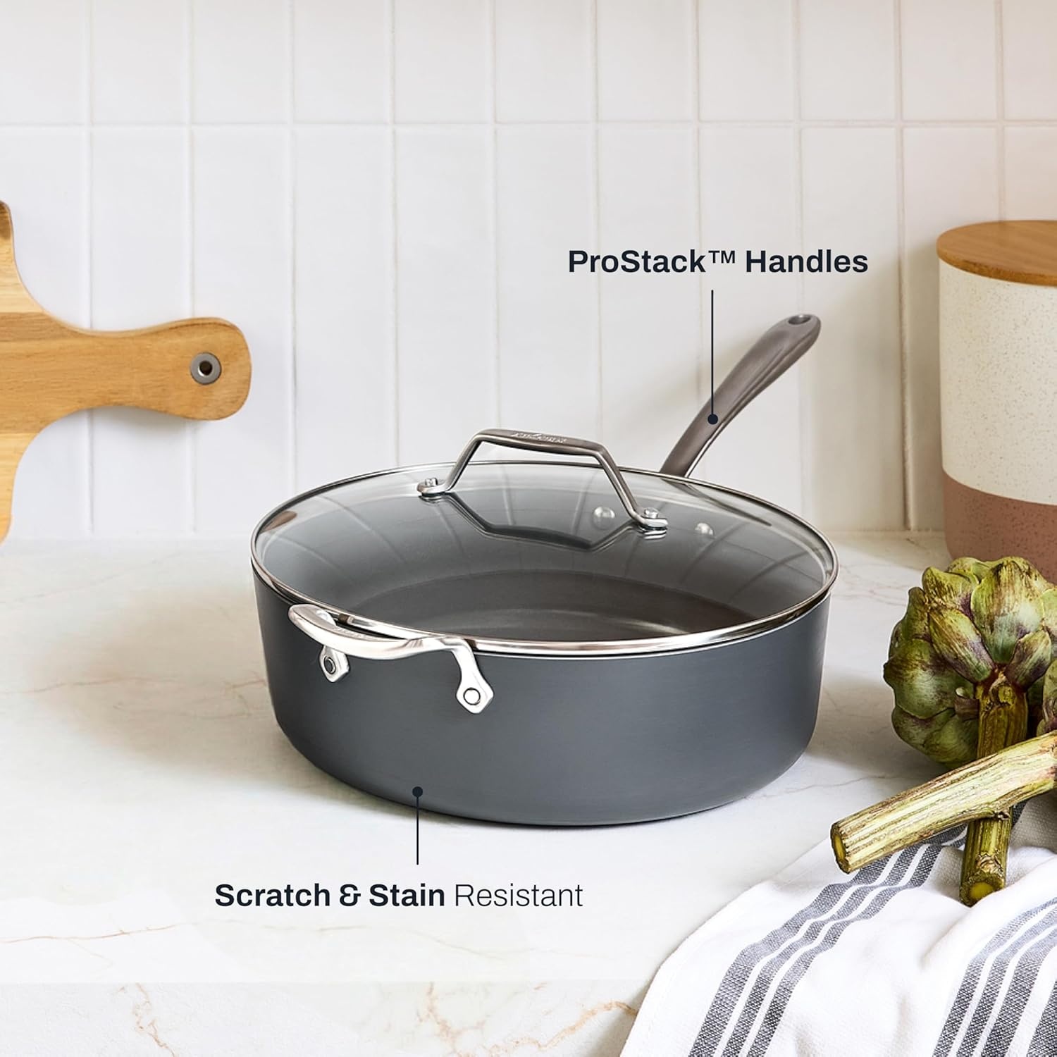image:imageAllClad HA1 Ceramic Nonstick Frying Pan Set with Lid 12 inch Oven Safe up to 450 amp Compatible with All Stovetops Gas Electric amp Induction Light Grey6 qt Saute Pan with Lid