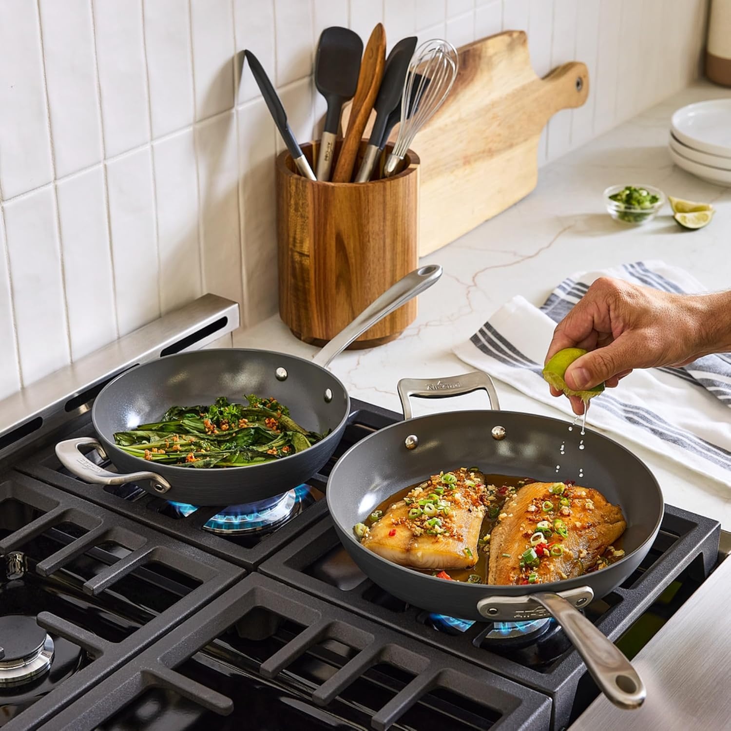 image:imageAllClad HA1 Ceramic Nonstick Frying Pan Set with Lid 12 inch Oven Safe up to 450 amp Compatible with All Stovetops Gas Electric amp Induction Light Grey2 pc set 85 105 Fry Pans