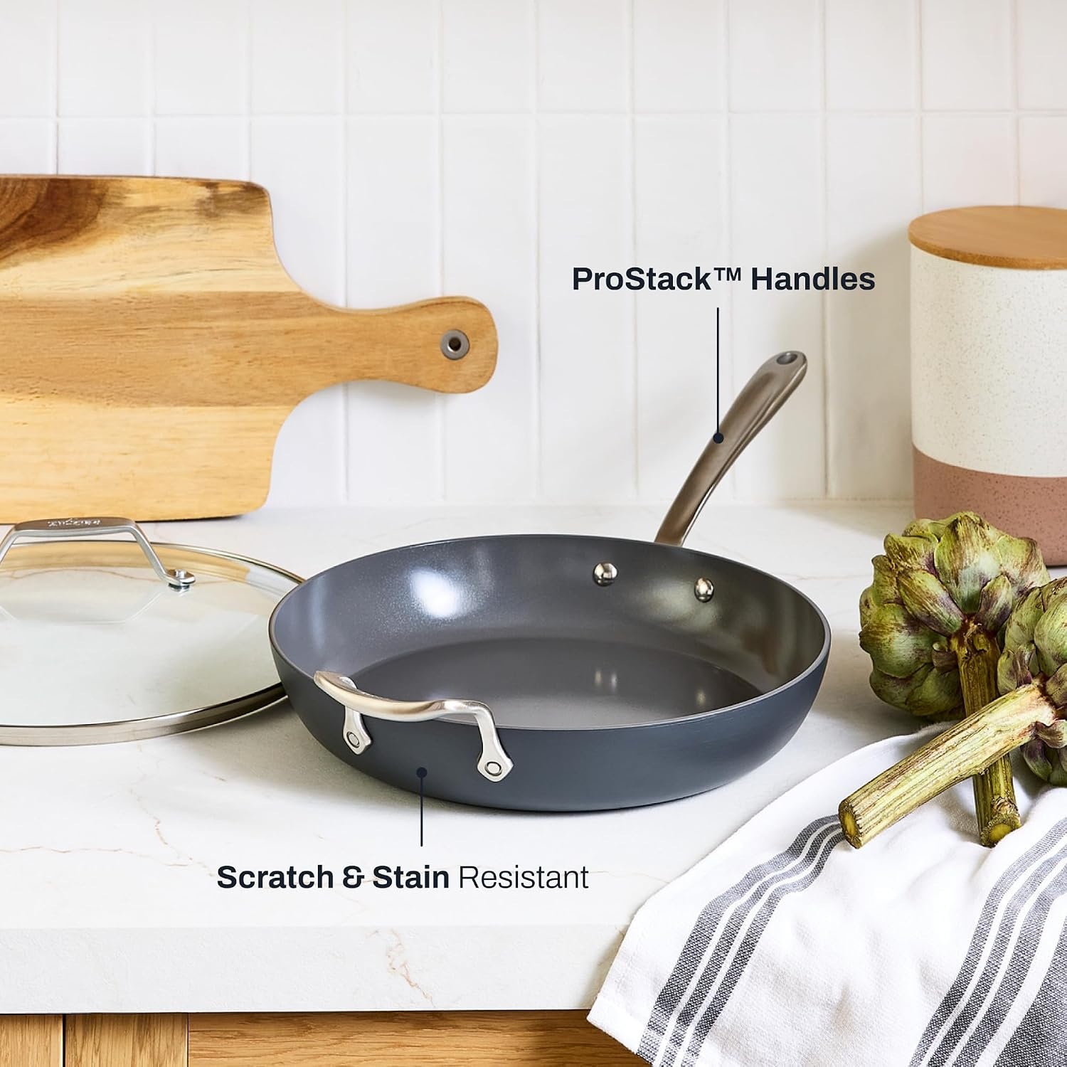 image:imageAllClad HA1 Ceramic Nonstick Frying Pan Set with Lid 12 inch Oven Safe up to 450 amp Compatible with All Stovetops Gas Electric amp Induction Light Grey12 Fry Pan with Lid