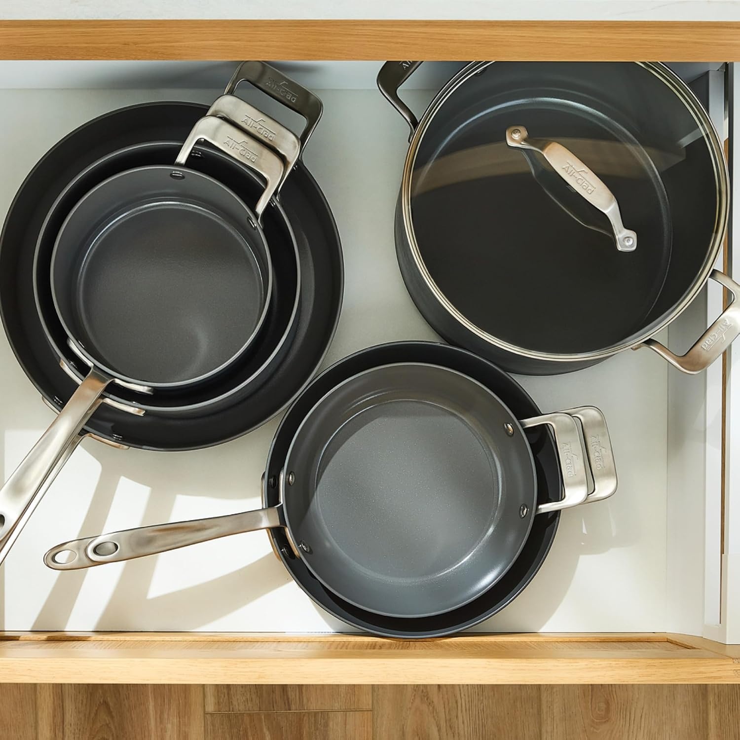 image:imageAllClad HA1 Ceramic Nonstick Frying Pan Set with Lid 12 inch Oven Safe up to 450 amp Compatible with All Stovetops Gas Electric amp Induction Light Grey10 pc Cookware Set