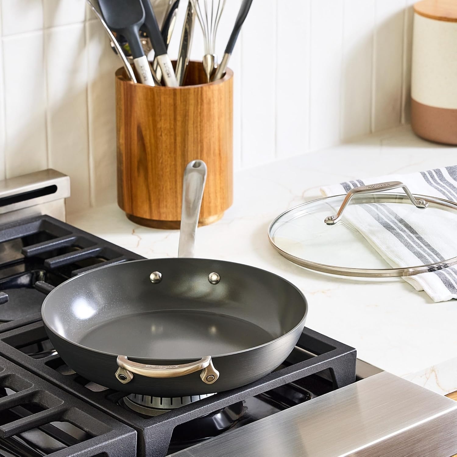 image:imageAllClad HA1 Ceramic Nonstick Frying Pan Set with Lid 12 inch Oven Safe up to 450 amp Compatible with All Stovetops Gas Electric amp Induction Light Grey105 Fry Pan with Lid