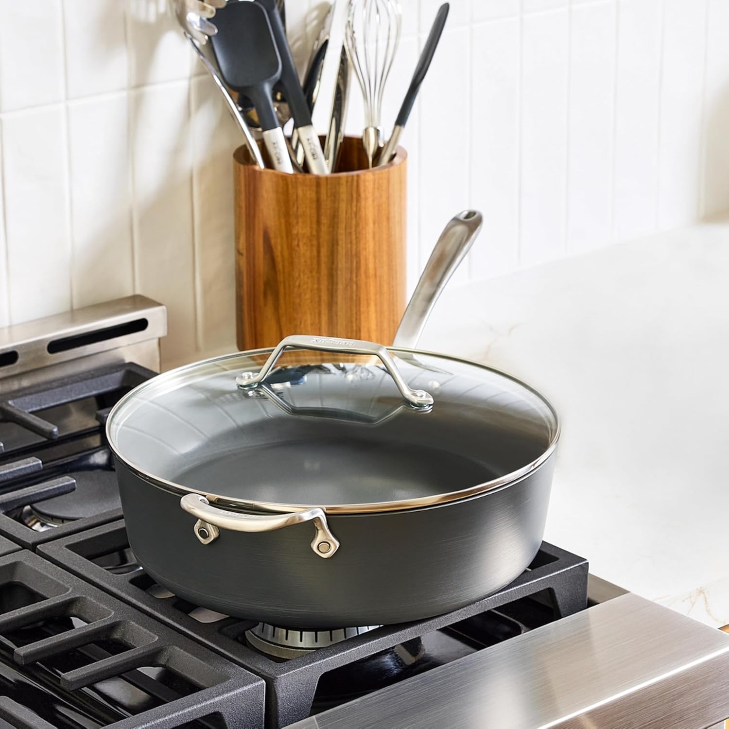 image:imageAllClad HA1 Ceramic Nonstick Frying Pan Set with Lid 12 inch Oven Safe up to 450 amp Compatible with All Stovetops Gas Electric amp Induction Light Grey6 qt Saute Pan with Lid