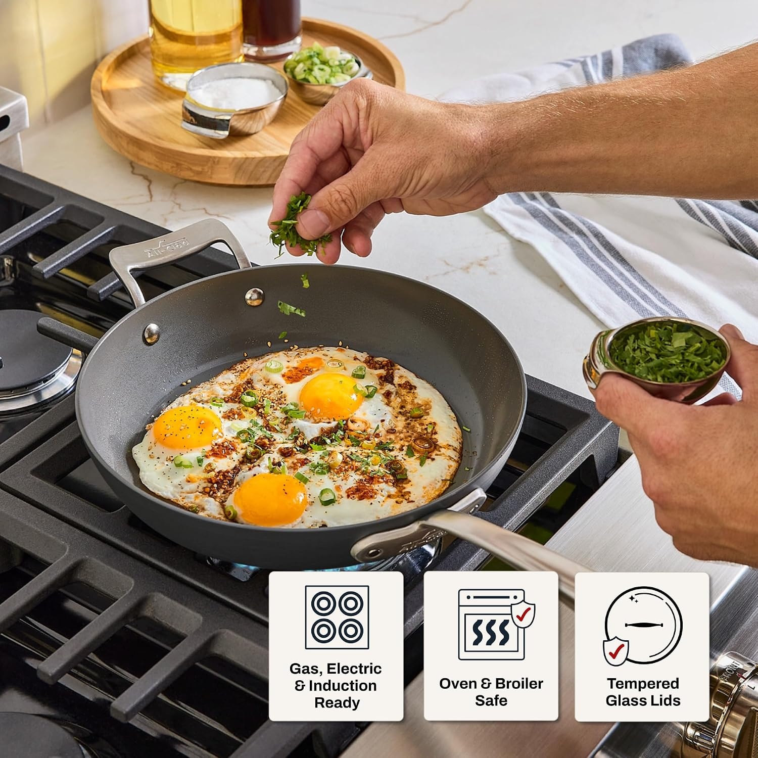 image:imageAllClad HA1 Ceramic Nonstick Frying Pan Set with Lid 12 inch Oven Safe up to 450 amp Compatible with All Stovetops Gas Electric amp Induction Light Grey105 Fry Pan with Lid