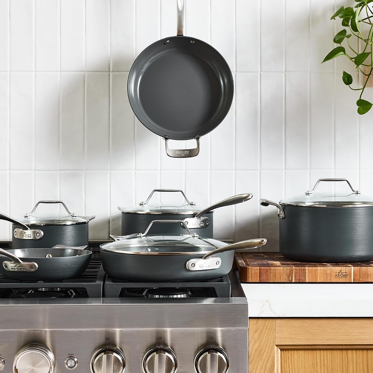image:imageAllClad HA1 Ceramic Nonstick Frying Pan Set with Lid 12 inch Oven Safe up to 450 amp Compatible with All Stovetops Gas Electric amp Induction Light Grey10 pc Cookware Set