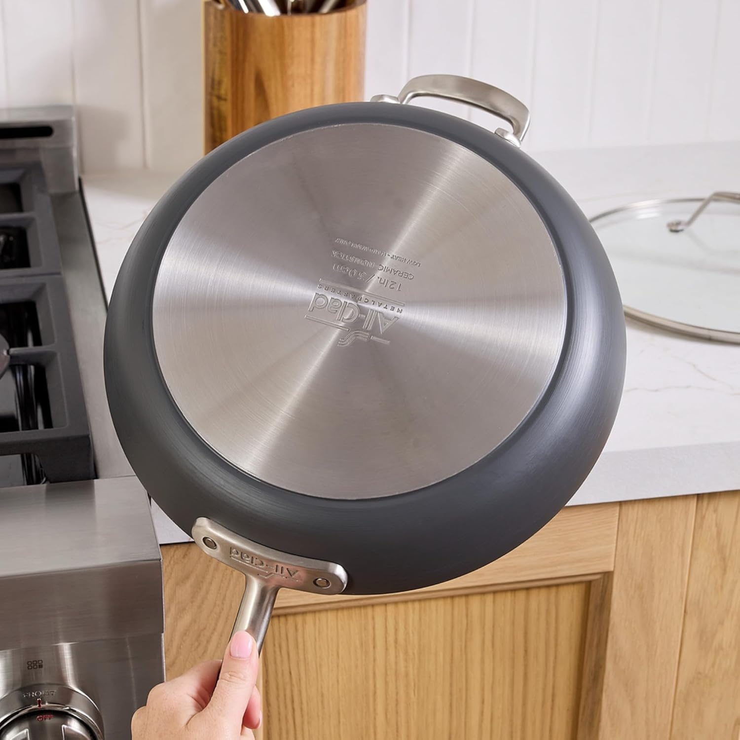 image:imageAllClad HA1 Ceramic Nonstick Frying Pan Set with Lid 12 inch Oven Safe up to 450 amp Compatible with All Stovetops Gas Electric amp Induction Light Grey10 pc Cookware Set