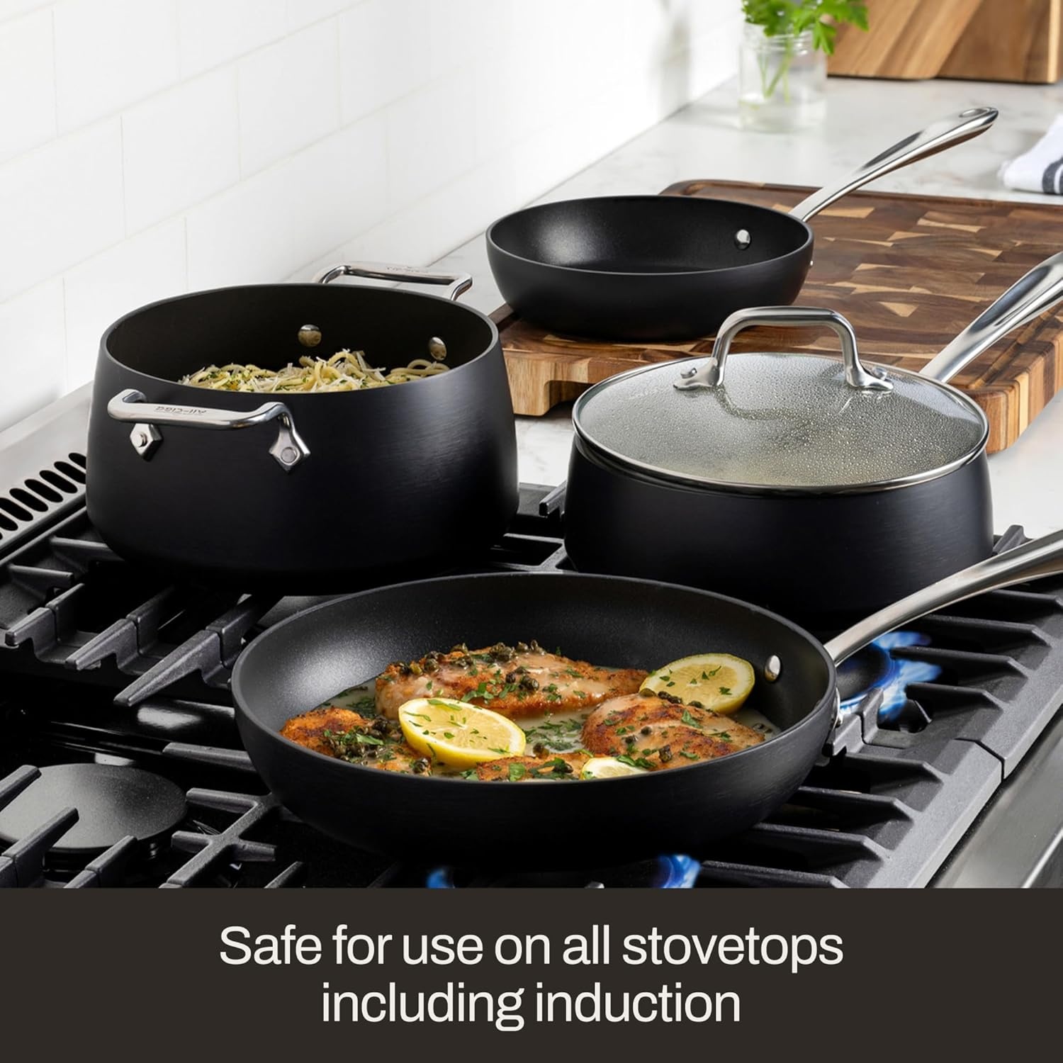 image:imageAllClad HA1 Expert Hard Anodized Nonstick Cookware Set 13 Piece Pots Frying Pans DishwasherSafe OvenSafe Up to 500F Compatible with All Stovetops Gas Electric amp Induction Black7 Piece Cookware Set