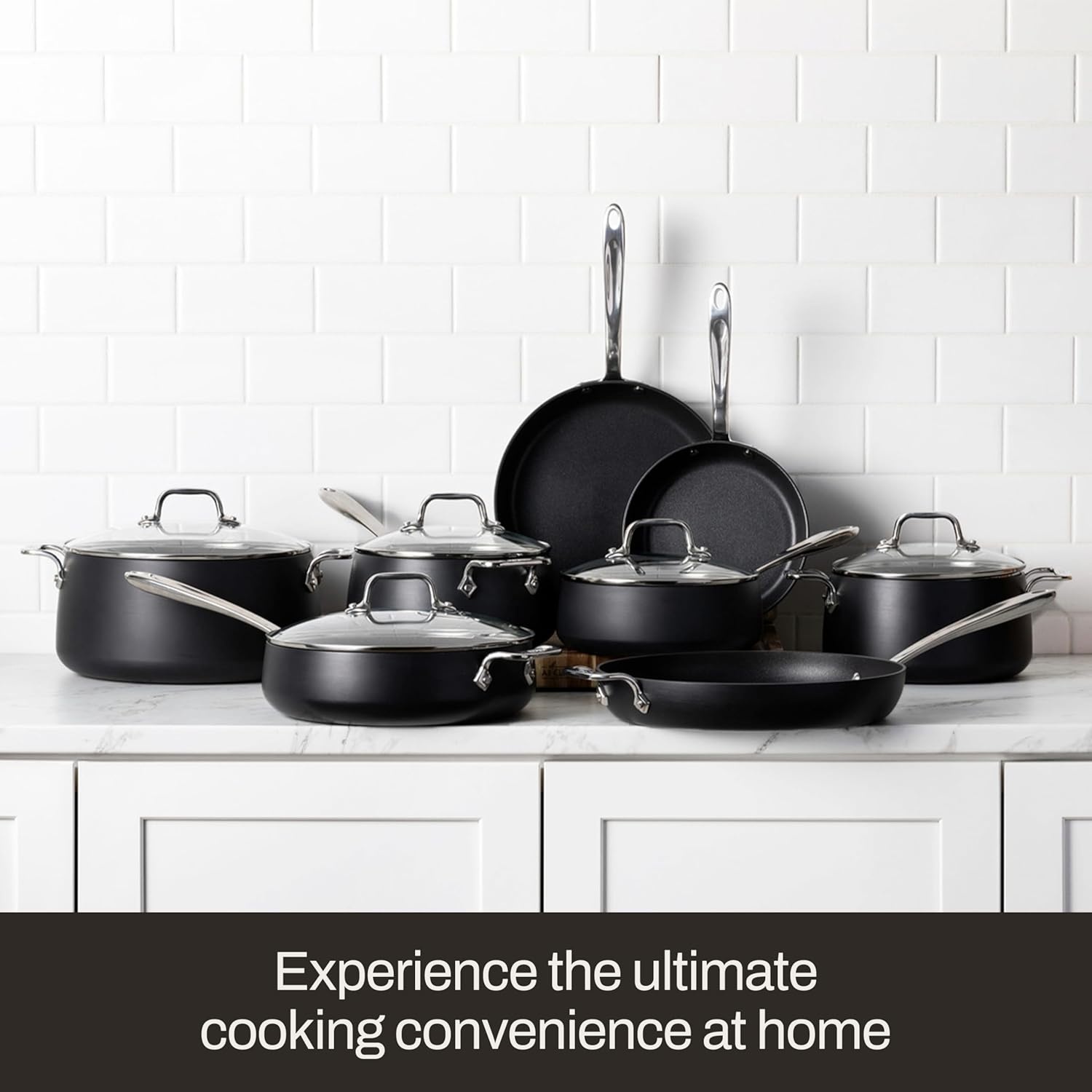 image:imageAllClad HA1 Expert Hard Anodized Nonstick Cookware Set 13 Piece Pots Frying Pans DishwasherSafe OvenSafe Up to 500F Compatible with All Stovetops Gas Electric amp Induction Black7 Piece Cookware Set
