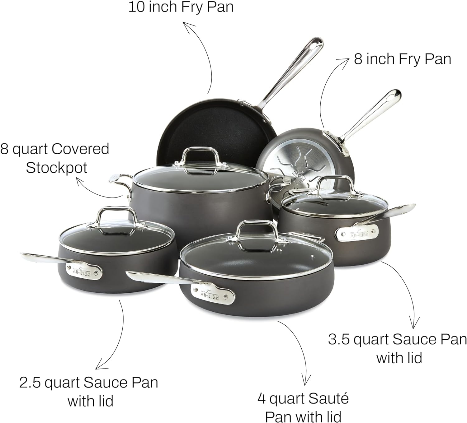 image:imageAllClad HA1 Hard Anodized Non Stick Fry Pan Set 2 Piece 8 10 Inch Induction Oven Broiler Safe 500F Pots and Pans Set Kitchen Frying Pans Skillets Premium Cookware Home Dishwasher Safe Black10 Piece Set