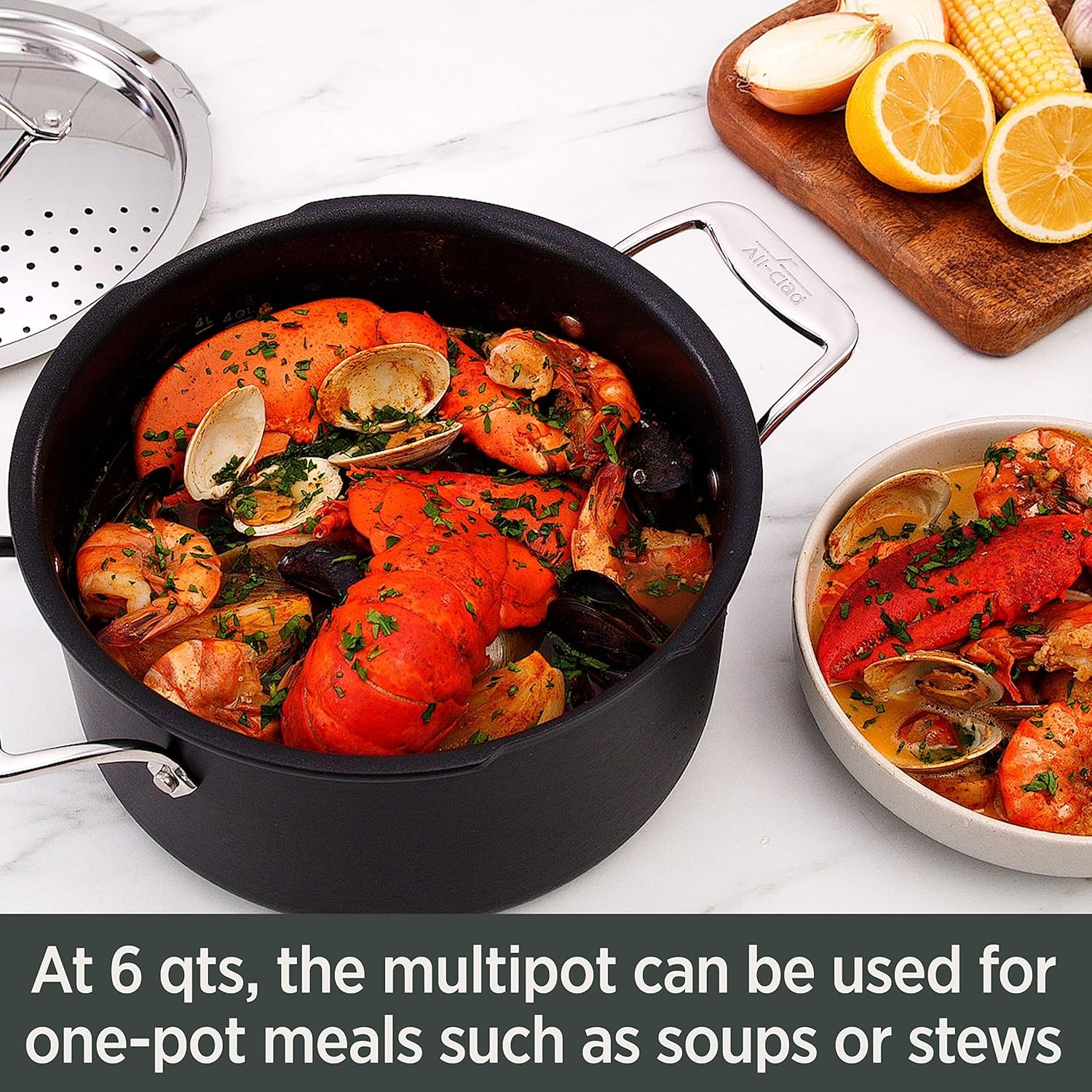 image:imageAllClad HA1 Hard Anodized Nonstick Stockpot MultiPot with Strainer 6 Quart Oven Broiler Safe 500F Strainer Pasta Strainer with Handle Pots and Pans Black