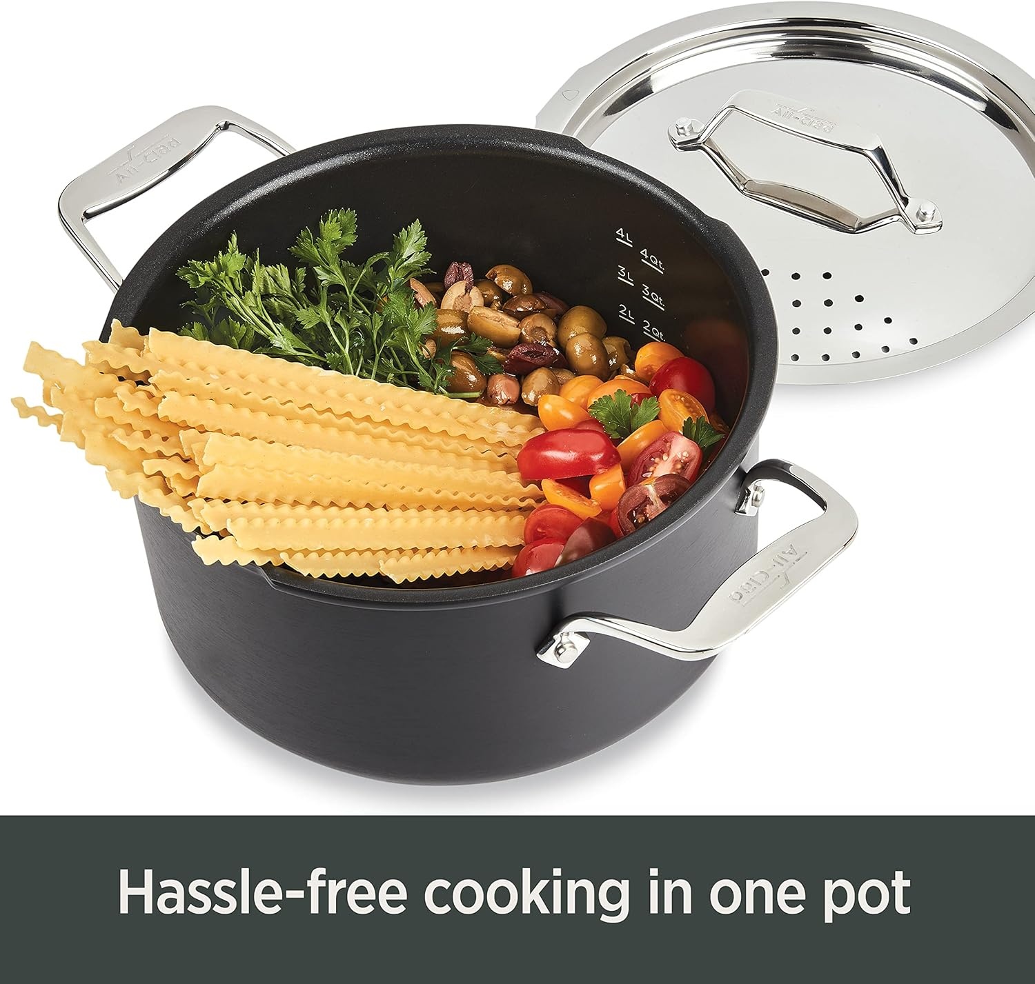 image:imageAllClad HA1 Hard Anodized Nonstick Stockpot MultiPot with Strainer 6 Quart Oven Broiler Safe 500F Strainer Pasta Strainer with Handle Pots and Pans Black