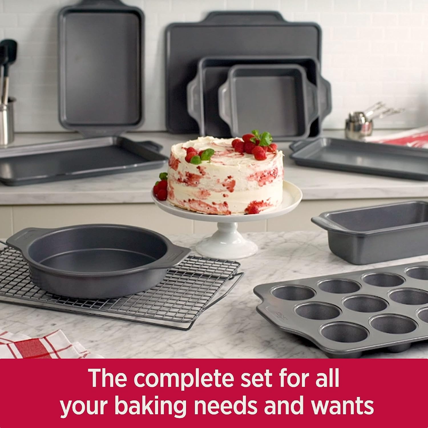 image:imageAllClad ProRelease Nonstick Bakeware Set 3 Piece Oven Safe 450F Half Sheet Cookie Sheet Muffin Pan Cooling amp Baking Rack Round Cake Pan Loaf Pan Baking Pan Grey10Piece