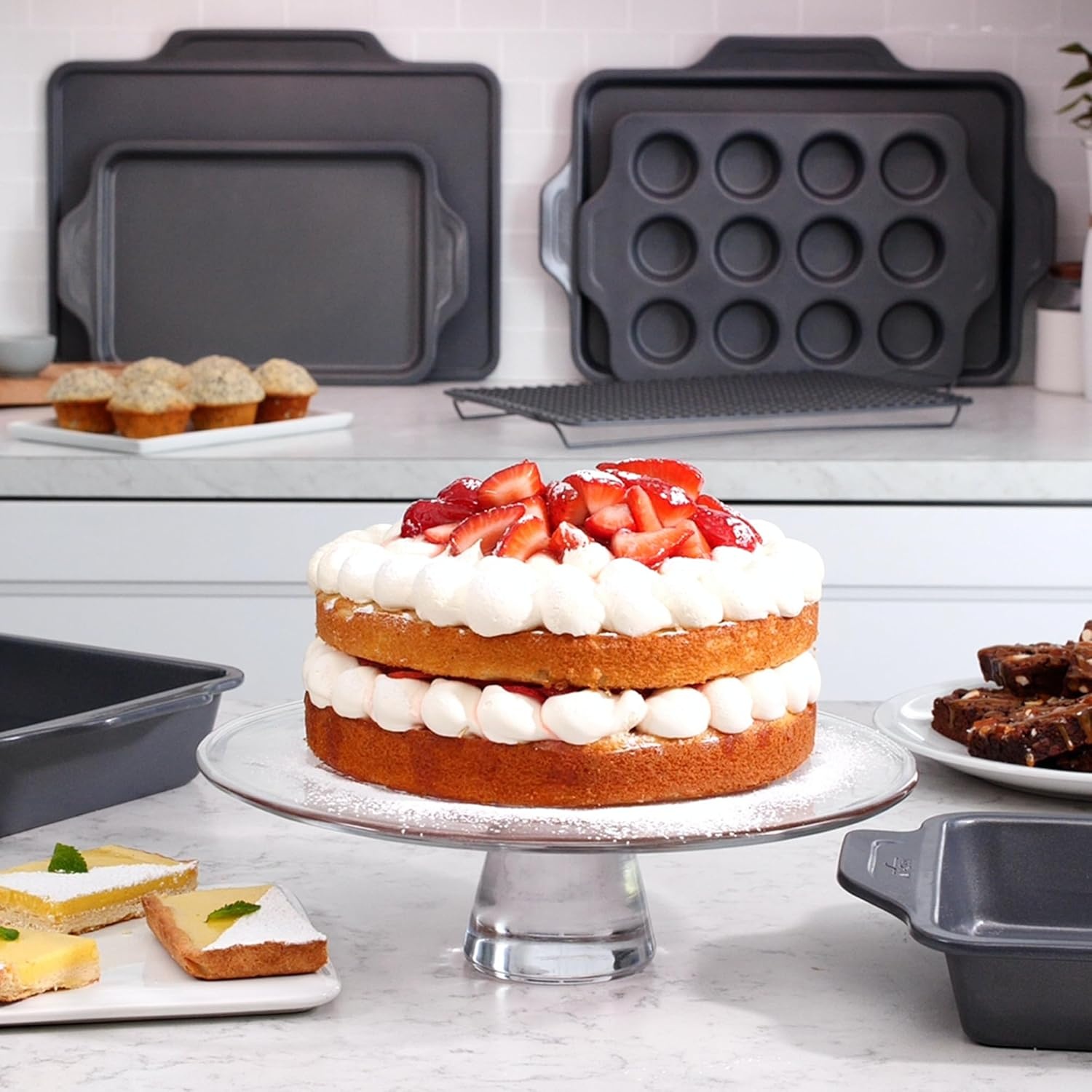 image:imageAllClad ProRelease Nonstick Bakeware Set 3 Piece Oven Safe 450F Half Sheet Cookie Sheet Muffin Pan Cooling amp Baking Rack Round Cake Pan Loaf Pan Baking Pan Grey10Piece