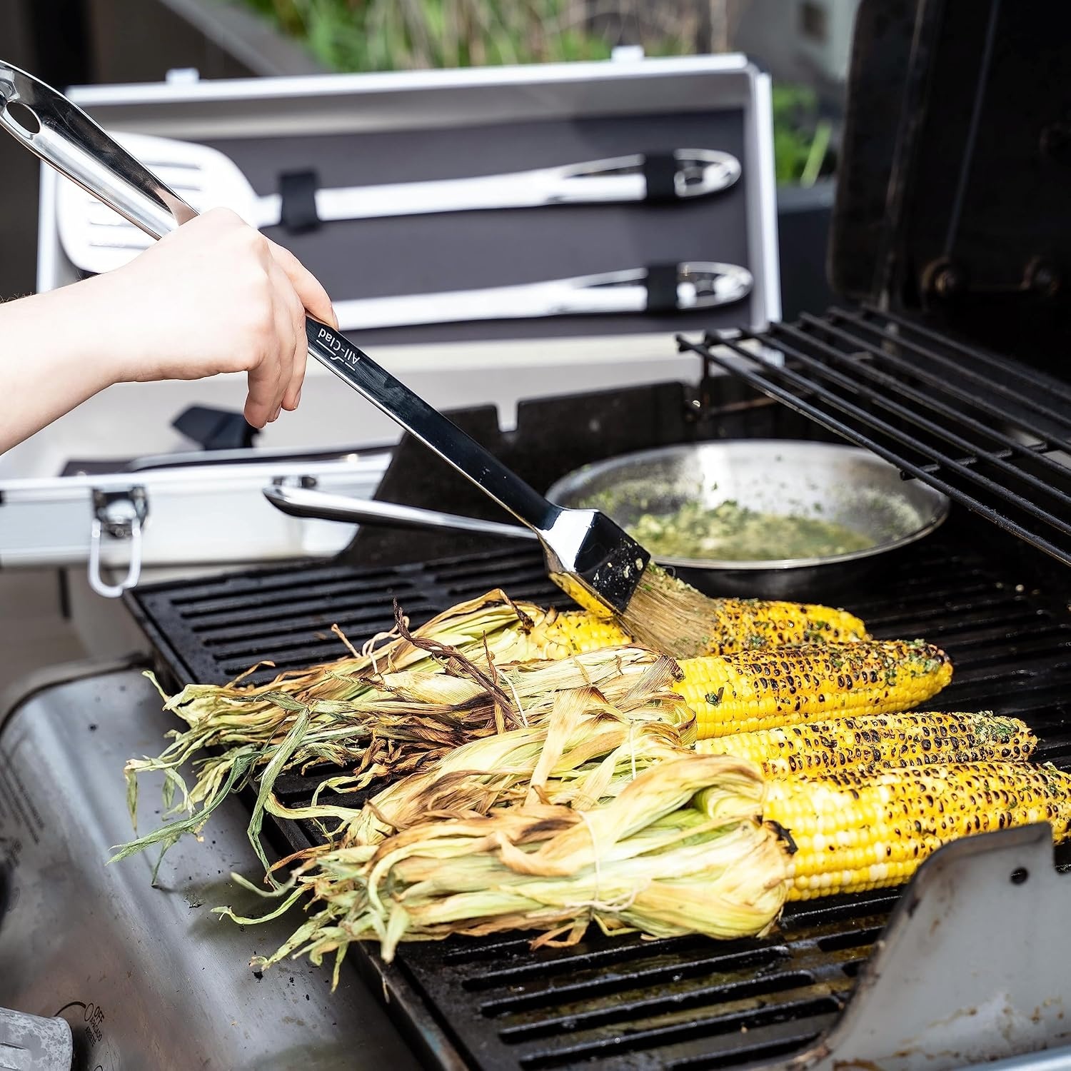 image:imageAllClad Professional Tools with Case Stainless Steel BBQ Tool Set 4 Piece Pots and Pans Cookware SilverWo case