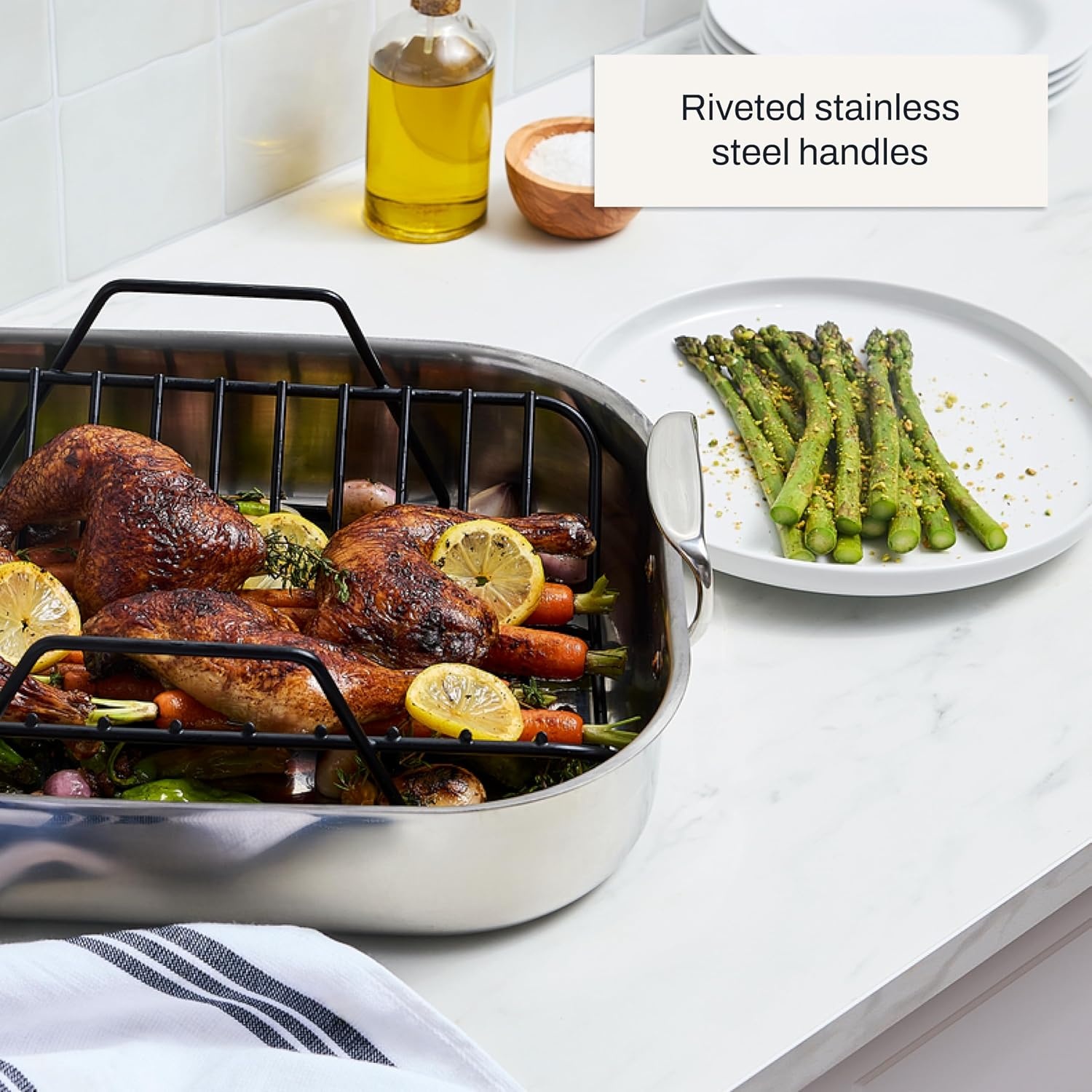 image:imageAllClad Specialty Stainless Steel Roaster with Nonstick Rack 11x14 Inch Oven Broiler Safe 500F Roaster Pan Pots and Pans Cookware Silver16x13 in