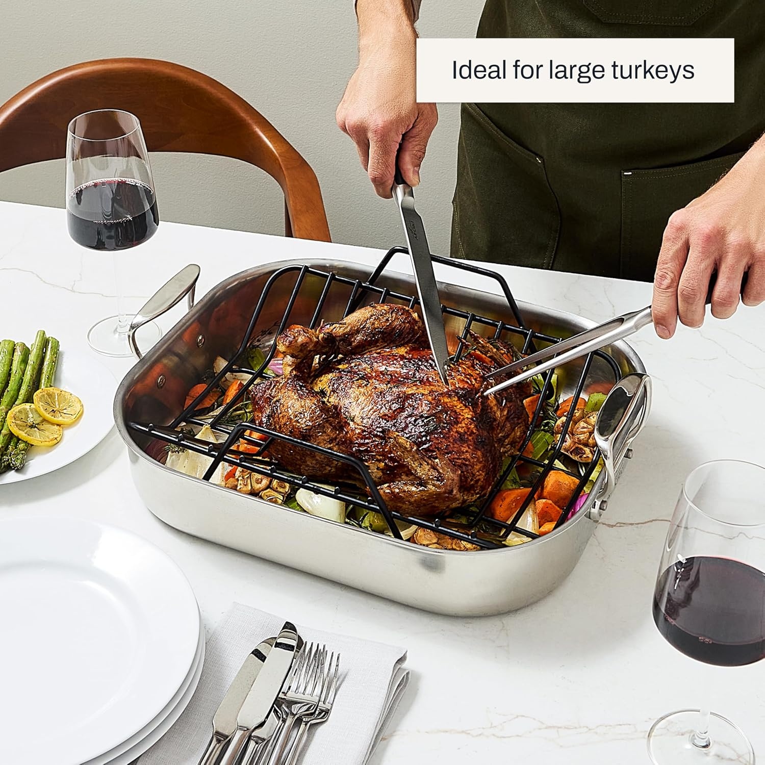 image:imageAllClad Specialty Stainless Steel Roaster with Nonstick Rack 11x14 Inch Oven Broiler Safe 500F Roaster Pan Pots and Pans Cookware Silver16x13 in