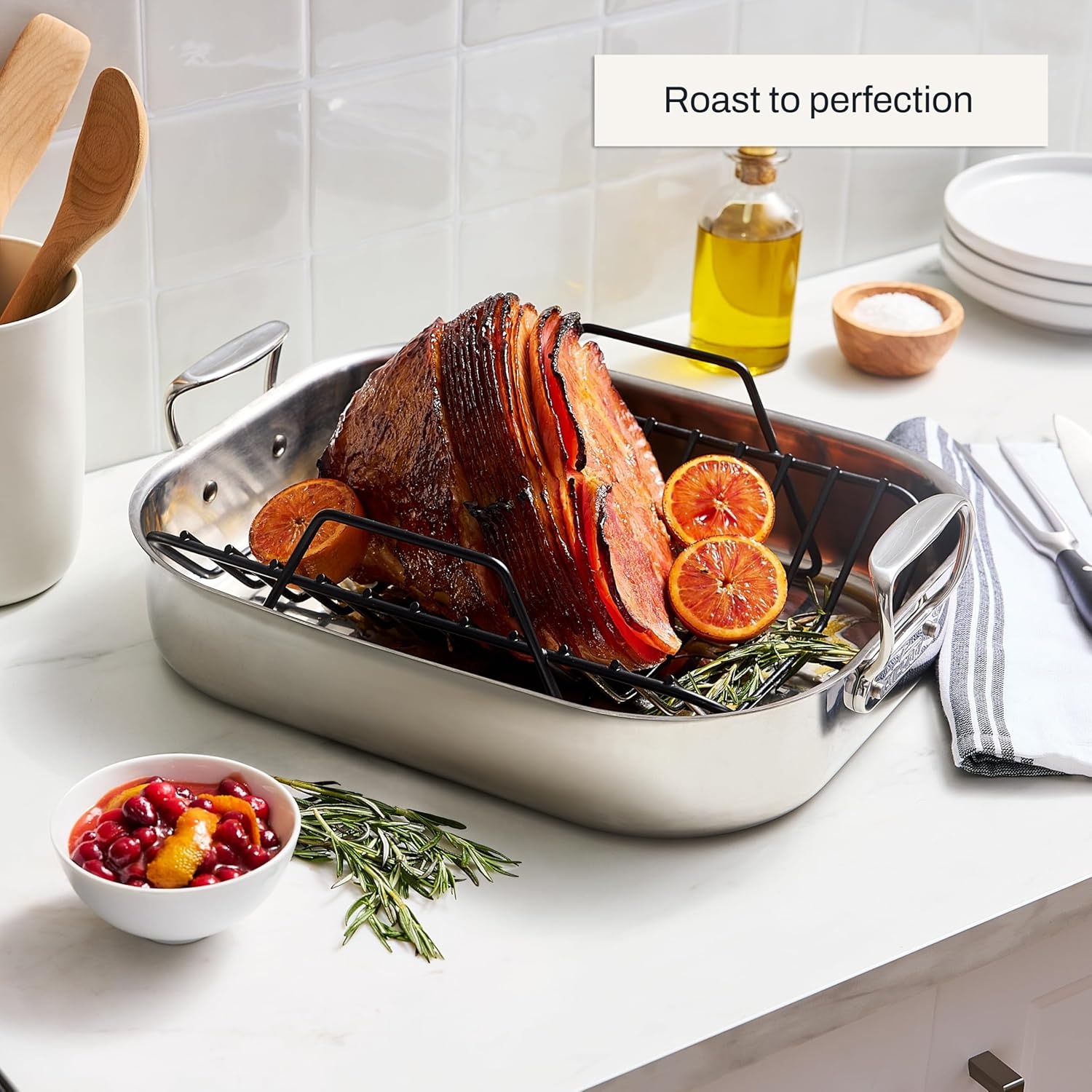 image:imageAllClad Specialty Stainless Steel Roaster with Nonstick Rack 11x14 Inch Oven Broiler Safe 500F Roaster Pan Pots and Pans Cookware Silver16x13 in
