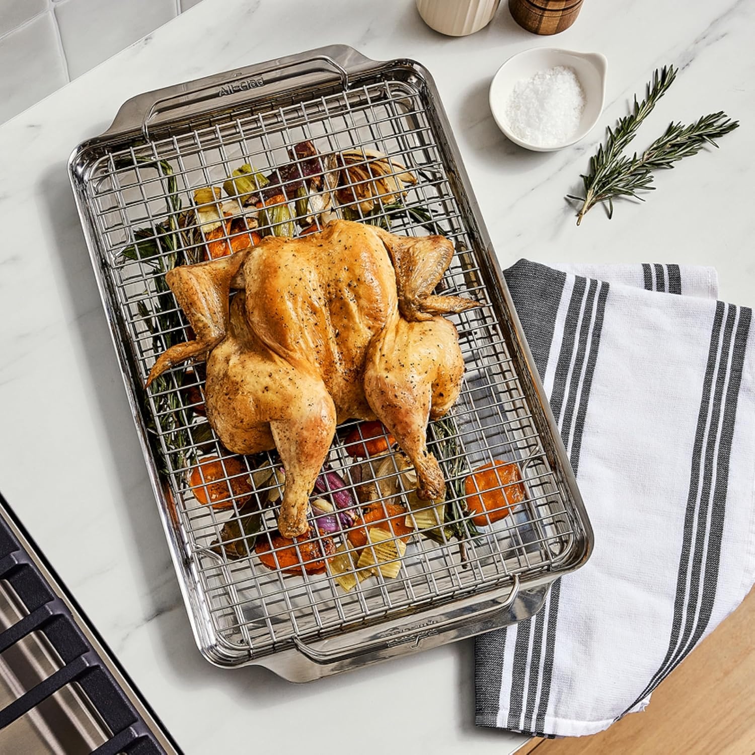 image:imageAllClad Stainless Steel Baking Pans 5Piece SetTriply Bonded for Consistent Baking Includes Square and Rectangular Baking Pans Baking Sheets amp Cooling Rack Professional Stainless Steel Bakeware2Pcs Half Sheet Pan Cooling Rack Set13 x 21