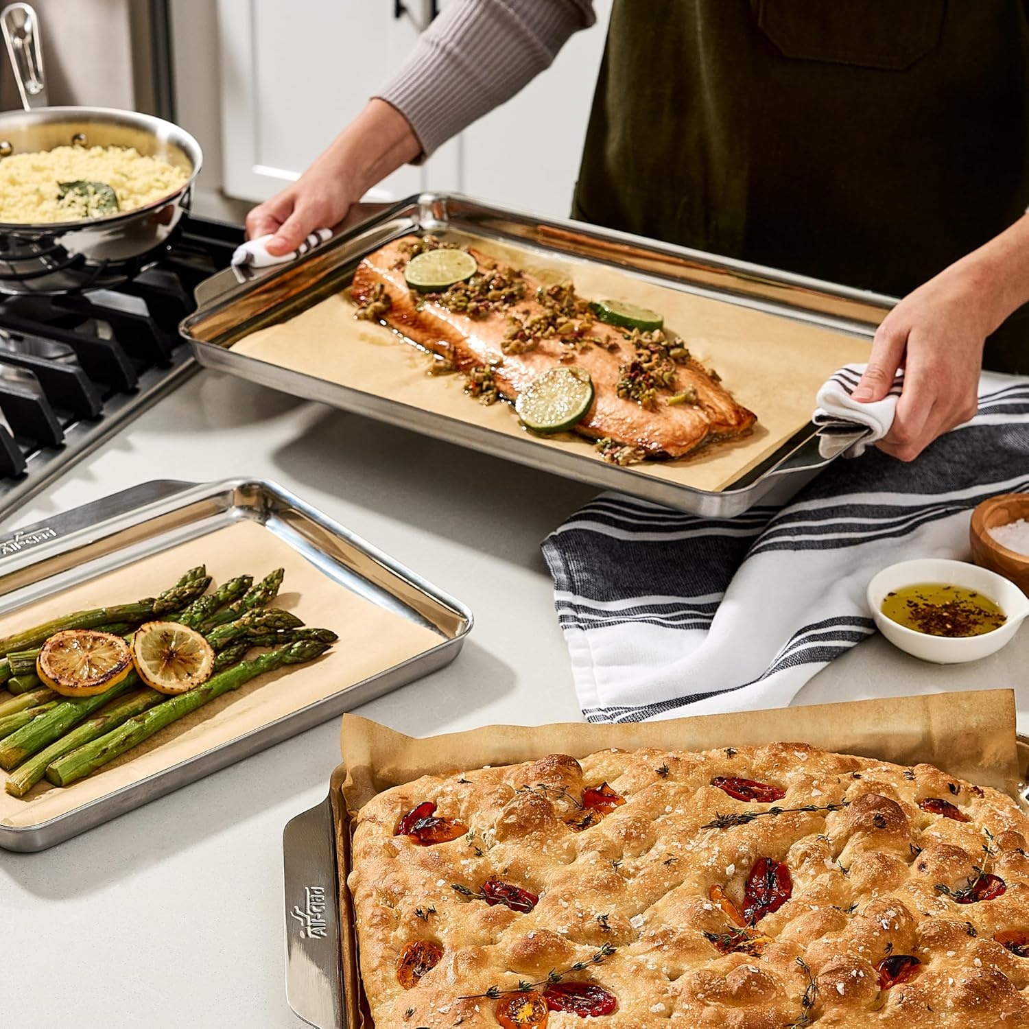 image:imageAllClad Stainless Steel Baking Quarter Sheet Pan 9 x 125 Triply Bonded for Consistent Baking Roast Bake Cookies Brownies and More Professional Stainless Steel Bakeware10 x 15
