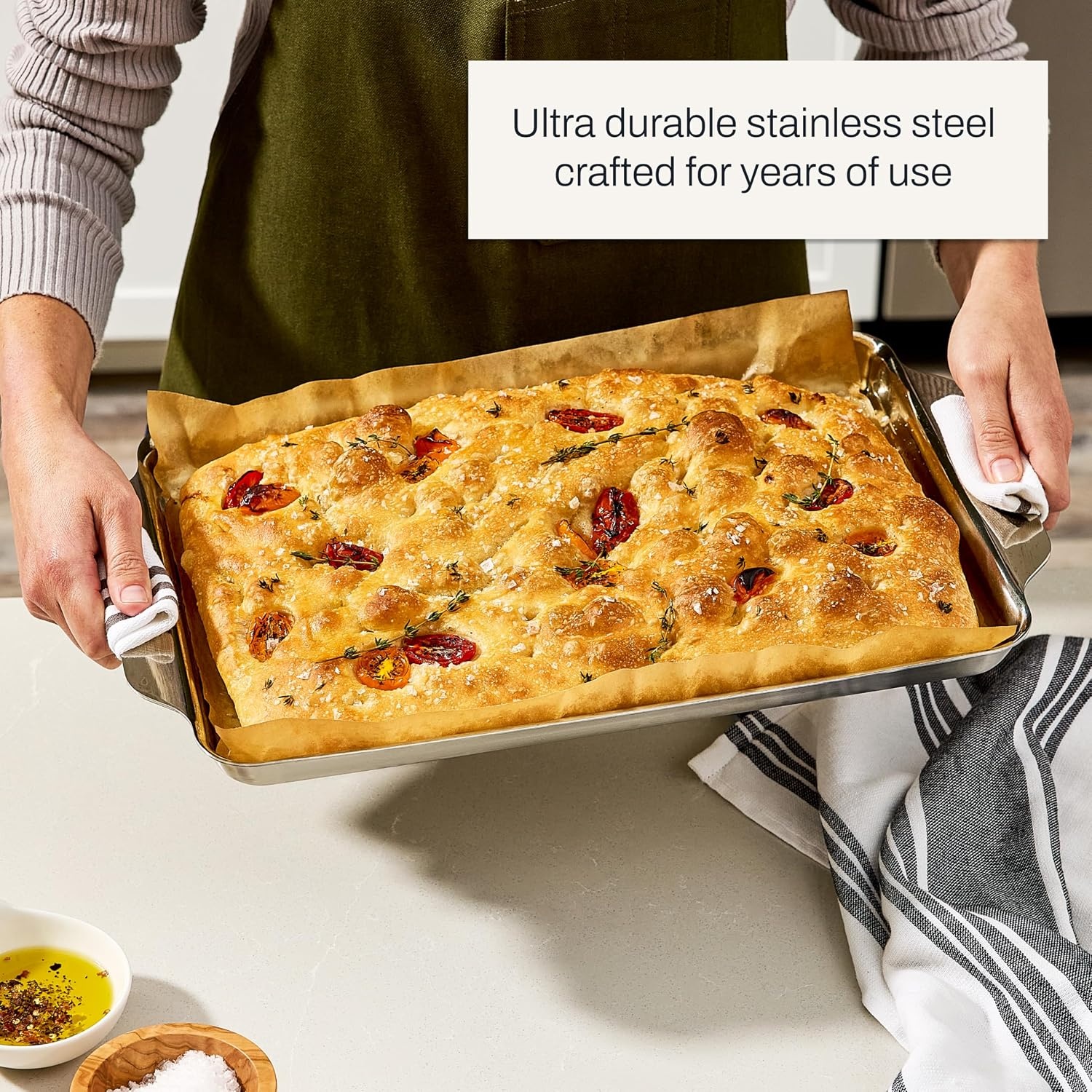image:imageAllClad Stainless Steel Baking Quarter Sheet Pan 9 x 125 Triply Bonded for Consistent Baking Roast Bake Cookies Brownies and More Professional Stainless Steel Bakeware10 x 15