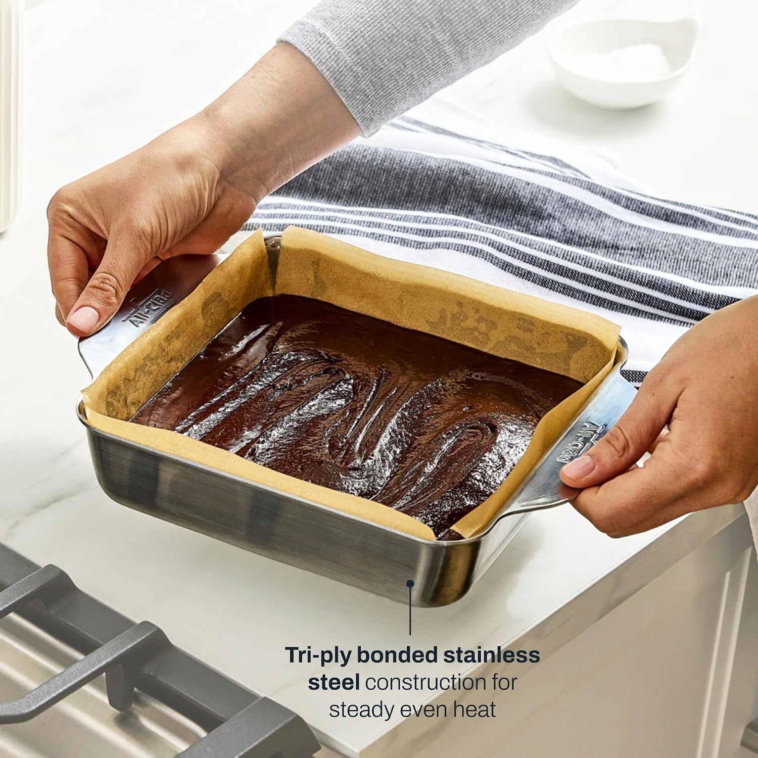 image:imageAllClad Stainless Steel Baking Quarter Sheet Pan 9 x 125 Triply Bonded for Consistent Baking Roast Bake Cookies Brownies and More Professional Stainless Steel Bakeware8x8 Inch Square Cake Pan
