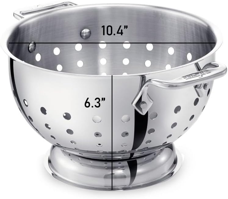 image:imageAllClad Tools and Accessories Stainless Steel Colander 3 Quart Strainer Pasta Strainer with Handle Pots and Pans Silver5Quart