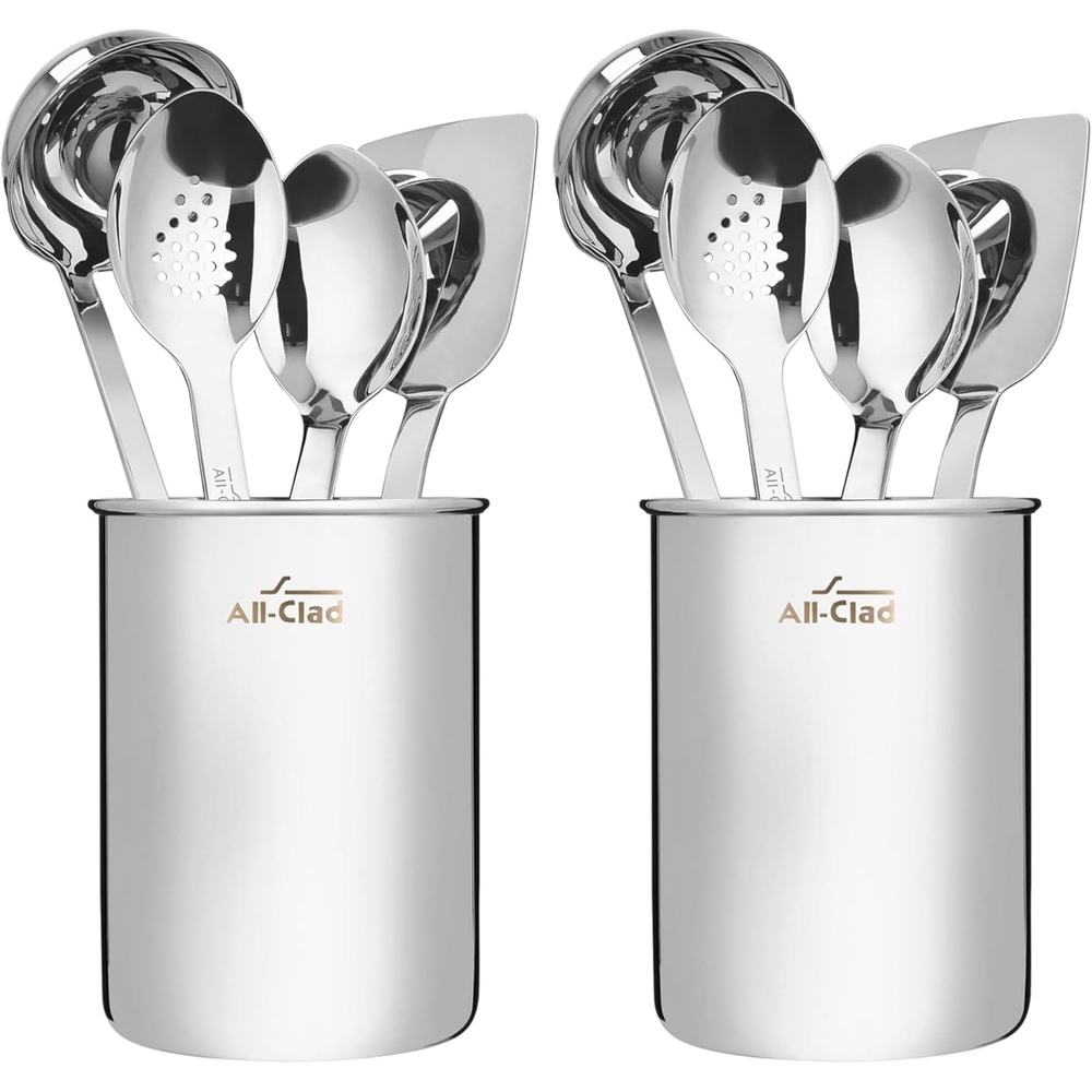 image:imageAllClad 5Piece Stainless Steel Kitchen Utensil Set Includes Ladle Solid Spoon Slotted Spoon Turner amp Storage Caddy HeavyGauge Ergonomic Dishwasher Safe Silver5Piece Pack of 2