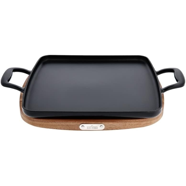 image:imageAllClad Cast Iron Enameled Square Grill with Acacia Trivet 11 Inch Induction Oven Broiler Safe 650F Pots and Pans Cookware BlackGriddle Pan
