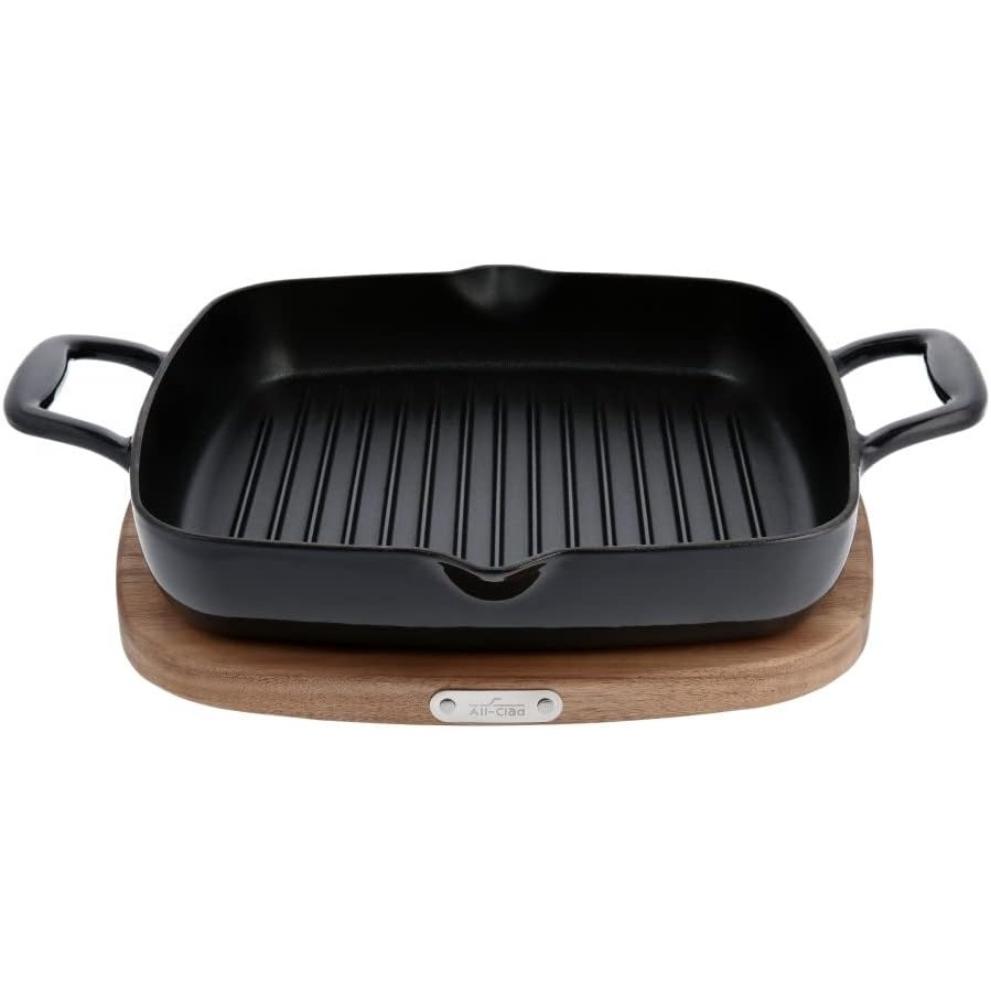 image:imageAllClad Cast Iron Enameled Square Grill with Acacia Trivet 11 Inch Induction Oven Broiler Safe 650F Pots and Pans Cookware BlackGrill Pan