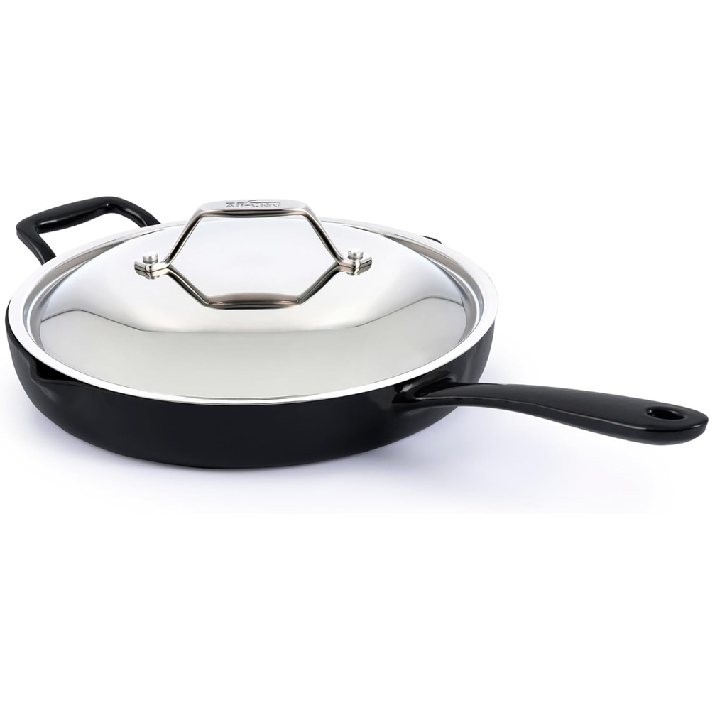 image:imageAllClad Cast Iron Skillet 12 Enameled Cast Iron Pan with Lid Enamel Coating Grill Oven Safe up to 650F amp Compatible with All Stovetops Gas Electric amp Induction EasyClean Frying Pan Black12 Inch