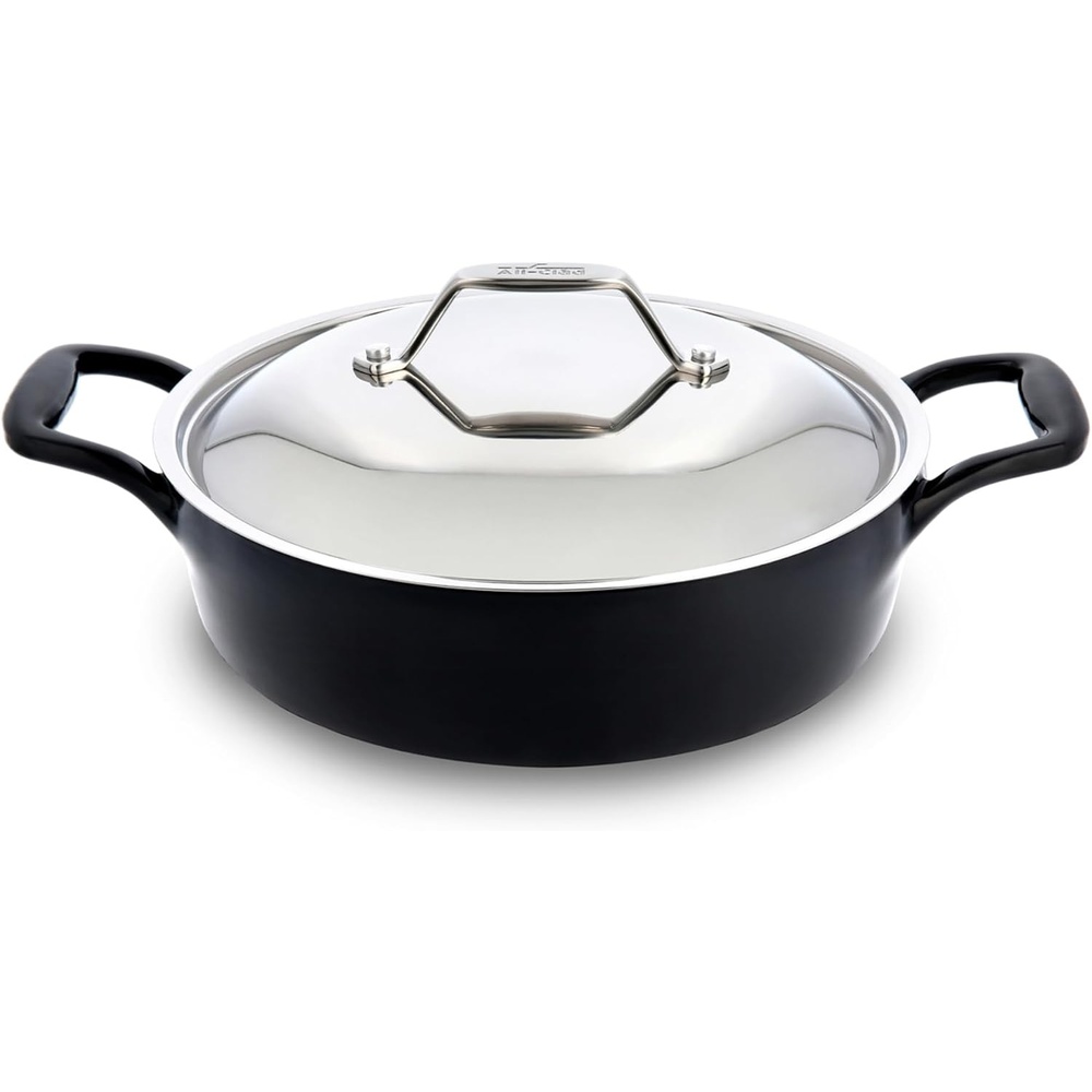 image:imageAllClad Cast Iron Skillet 12 Enameled Cast Iron Pan with Lid Enamel Coating Grill Oven Safe up to 650F amp Compatible with All Stovetops Gas Electric amp Induction EasyClean Frying Pan Black4 Quart
