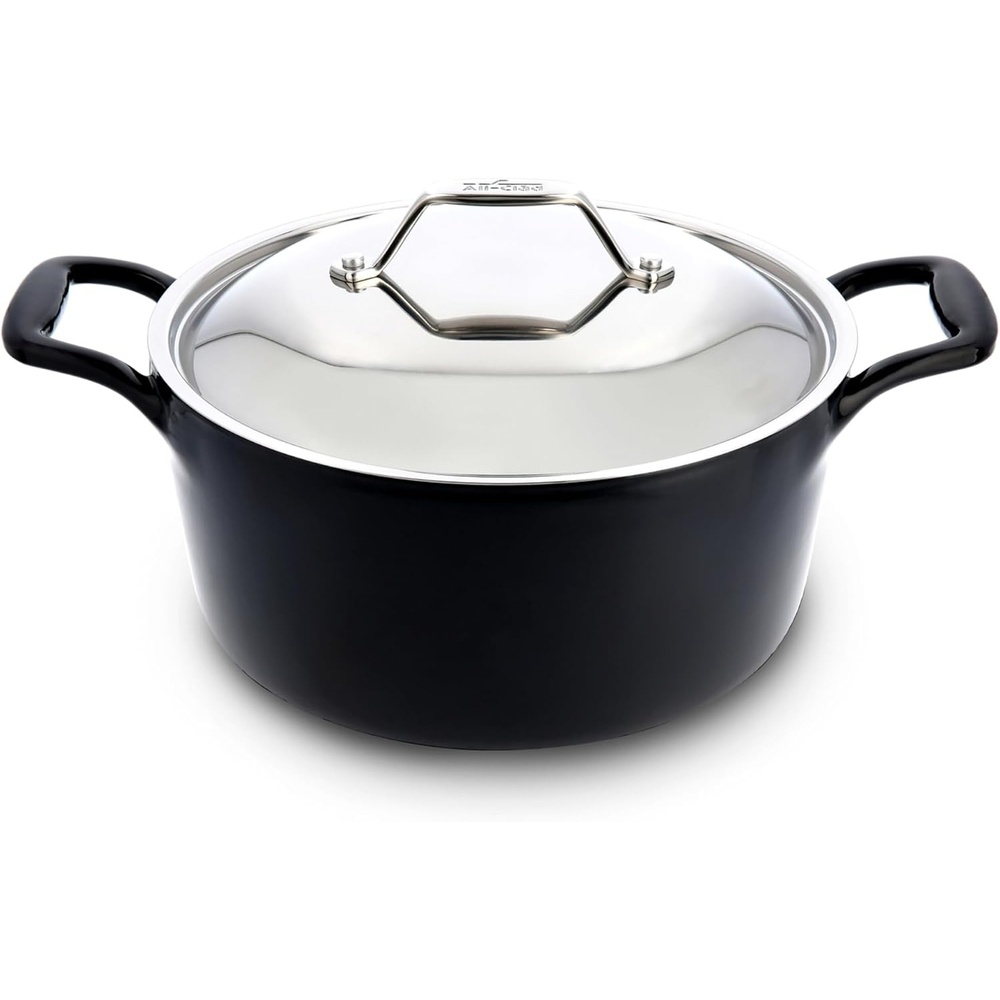 image:imageAllClad Cast Iron Skillet 12 Enameled Cast Iron Pan with Lid Enamel Coating Grill Oven Safe up to 650F amp Compatible with All Stovetops Gas Electric amp Induction EasyClean Frying Pan Black6 Quart