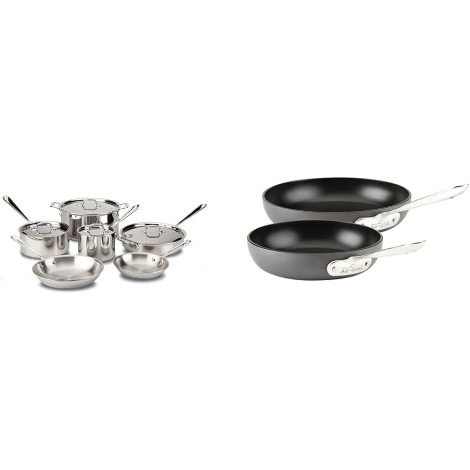image:imageAllClad D3 3Ply Stainless Steel Cookware Set 10 Piece Induction Oven Broil Safe 600F Pots and Pans amp HA1 Hard Anodized Nonstick 2 Piece Fry Pan Set 8 10 Inch Induction Pots and Pans Cookware Black10Piece