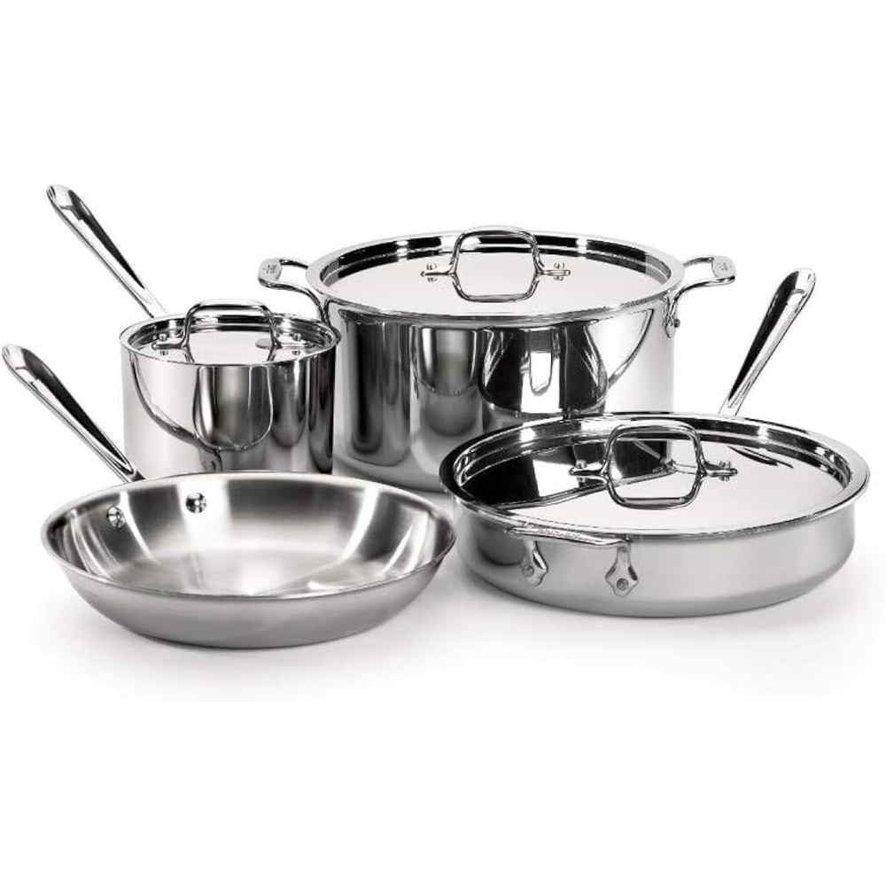 image:imageAllClad D3 3Ply Stainless Steel Cookware Set 7 Piece Induction Oven Broiler Safe 600F Pots and Pans Cookware SilverSilver