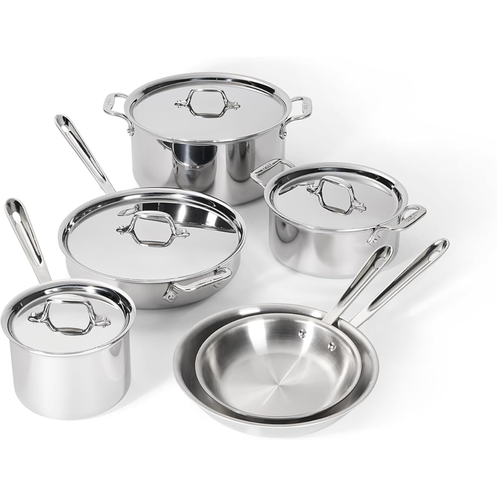 image:imageAllClad D3 Stainless Steel 10 Piece Cookware Set Made in USA Includes Frying Pans Saucepan Soup Pot Sautpan Stockpot Professional Grade Oven Safe amp Induction CompatibleStainless Steel