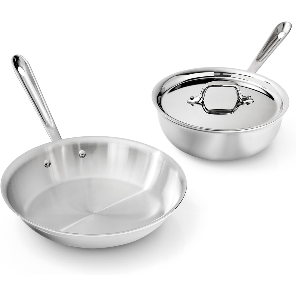 image:imageAllClad D3 Stainless Steel 3 Piece Cookware Set Made in USA Includes 10 Frying Pan and 2Qt Saucier Pan With Lid Professional Grade Oven Safe amp Induction Compatible2QT Saucier 10 Fry Pan