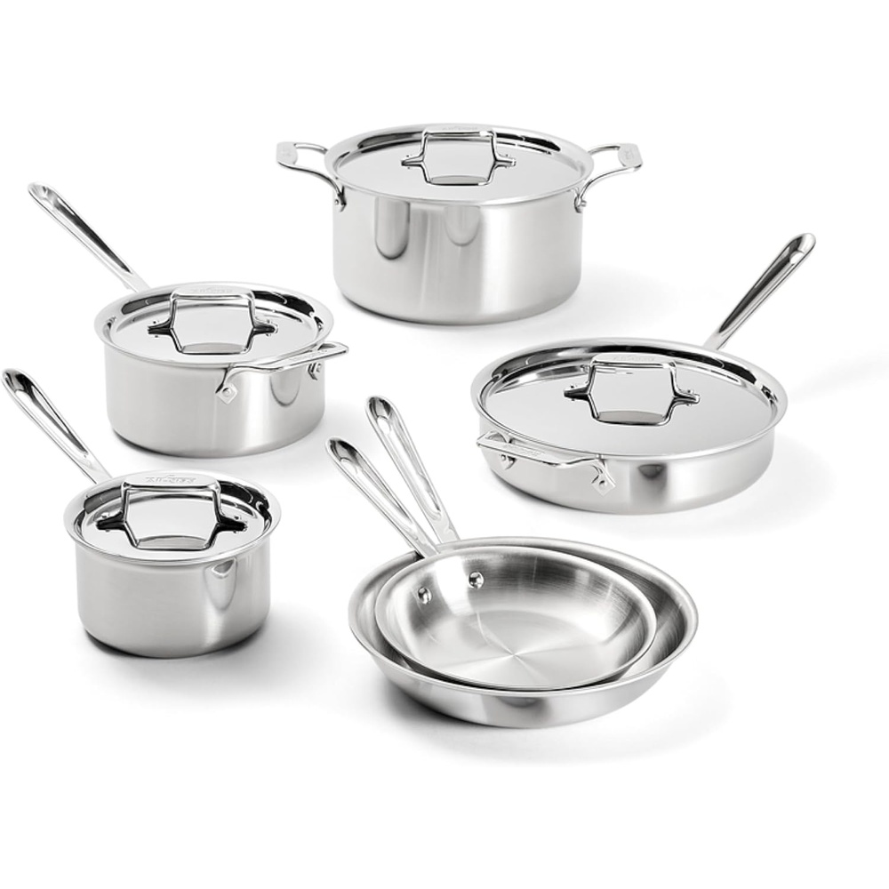 image:imageAllClad D5 Stainless Steel Core 10 Piece Cookware Set Made in USA The Upgrade for Supremely Even Heat Includes Frying Pans Saucepan Sautpan Stockpot Oven Safe amp Induction CompatibleD5 Stainless Steel Set