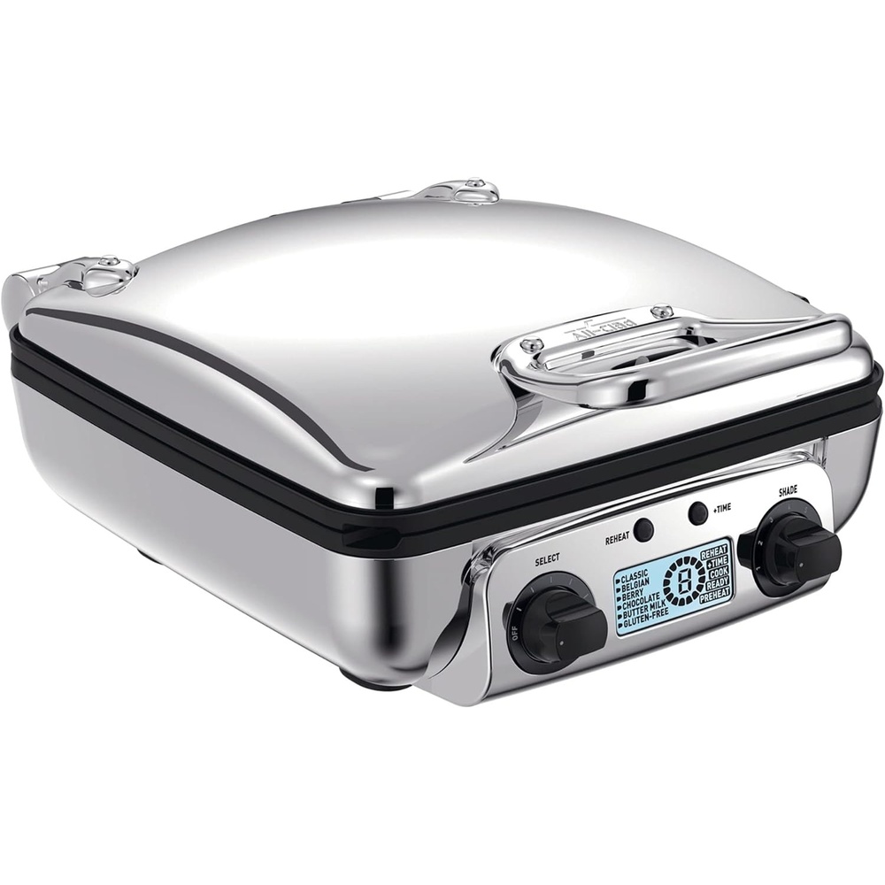 image:imageAllClad Electric Stainless Steel Waffle Maker 4 slice Digital screen and audible beep alert 7 Browning Levels Square Belgium Waffle Removable Plates Dishwasher Safe Silver