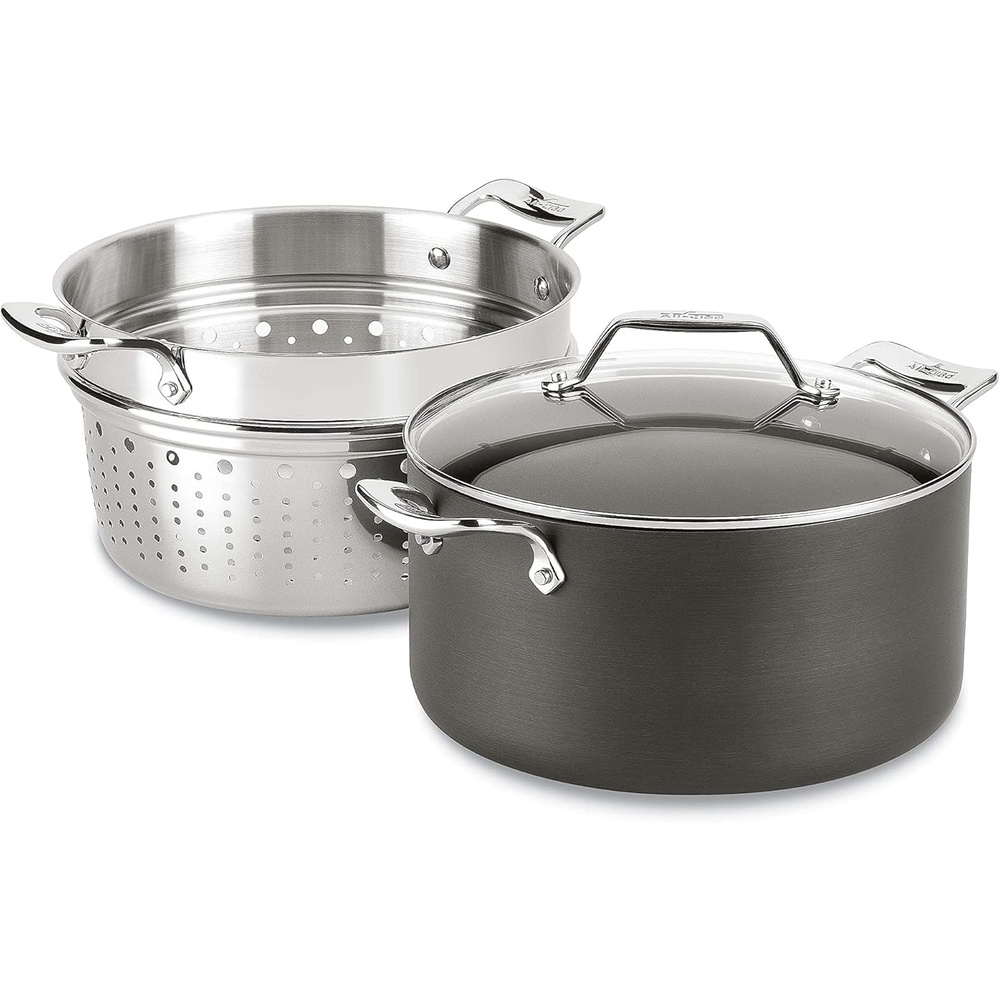 image:imageAllClad Essentials Hard Anodized Nonstick MultiPot 7 Quart Oven Broiler Safe 500F Strainer Pasta Strainer with Handle Pots and Pans Black7quart Non Induction