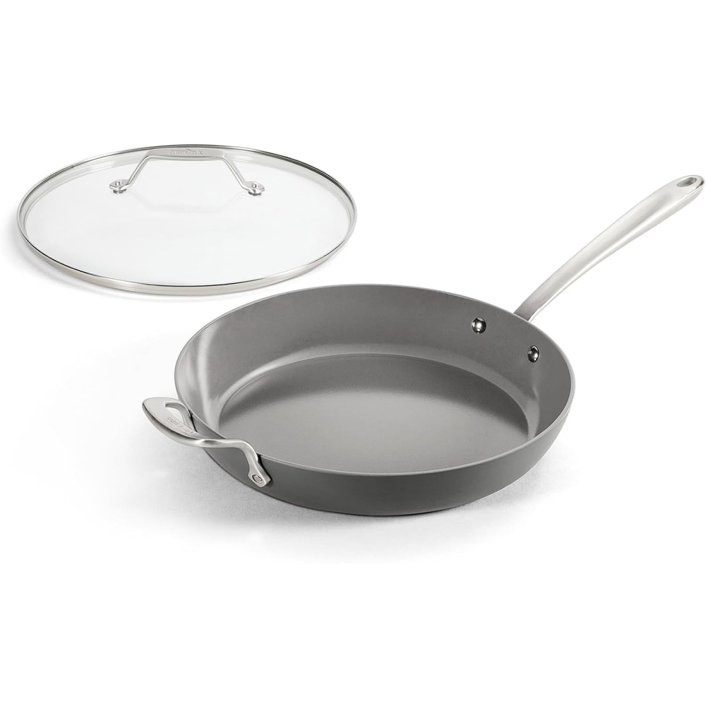 image:imageAllClad HA1 Ceramic Nonstick Frying Pan Set with Lid 12 inch Oven Safe up to 450 amp Compatible with All Stovetops Gas Electric amp Induction Light Grey12 Fry Pan with Lid