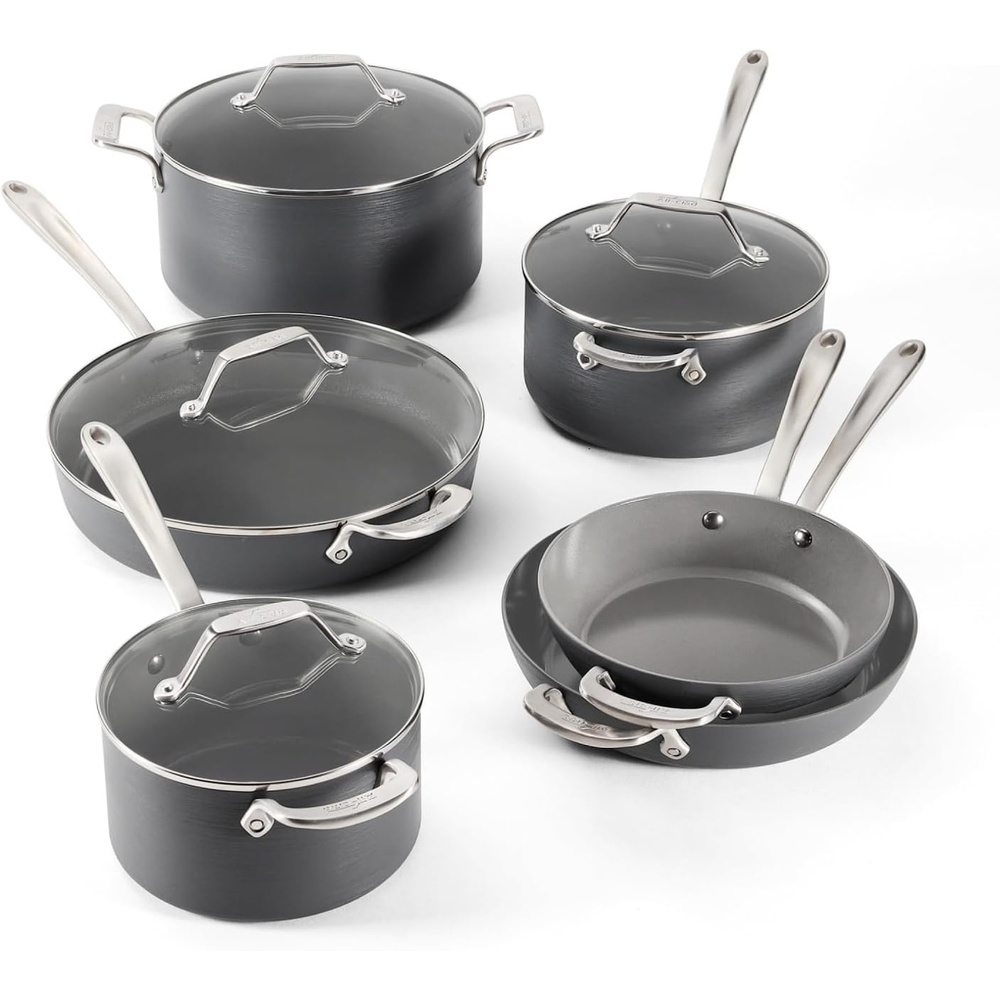 image:imageAllClad HA1 Ceramic Nonstick Frying Pan Set with Lid 12 inch Oven Safe up to 450 amp Compatible with All Stovetops Gas Electric amp Induction Light Grey10 pc Cookware Set