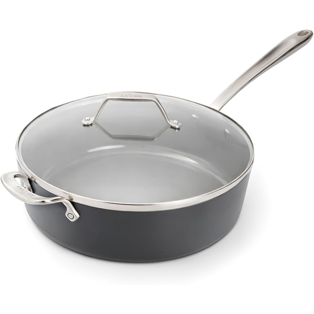 image:imageAllClad HA1 Ceramic Nonstick Frying Pan Set with Lid 12 inch Oven Safe up to 450 amp Compatible with All Stovetops Gas Electric amp Induction Light Grey6 qt Saute Pan with Lid