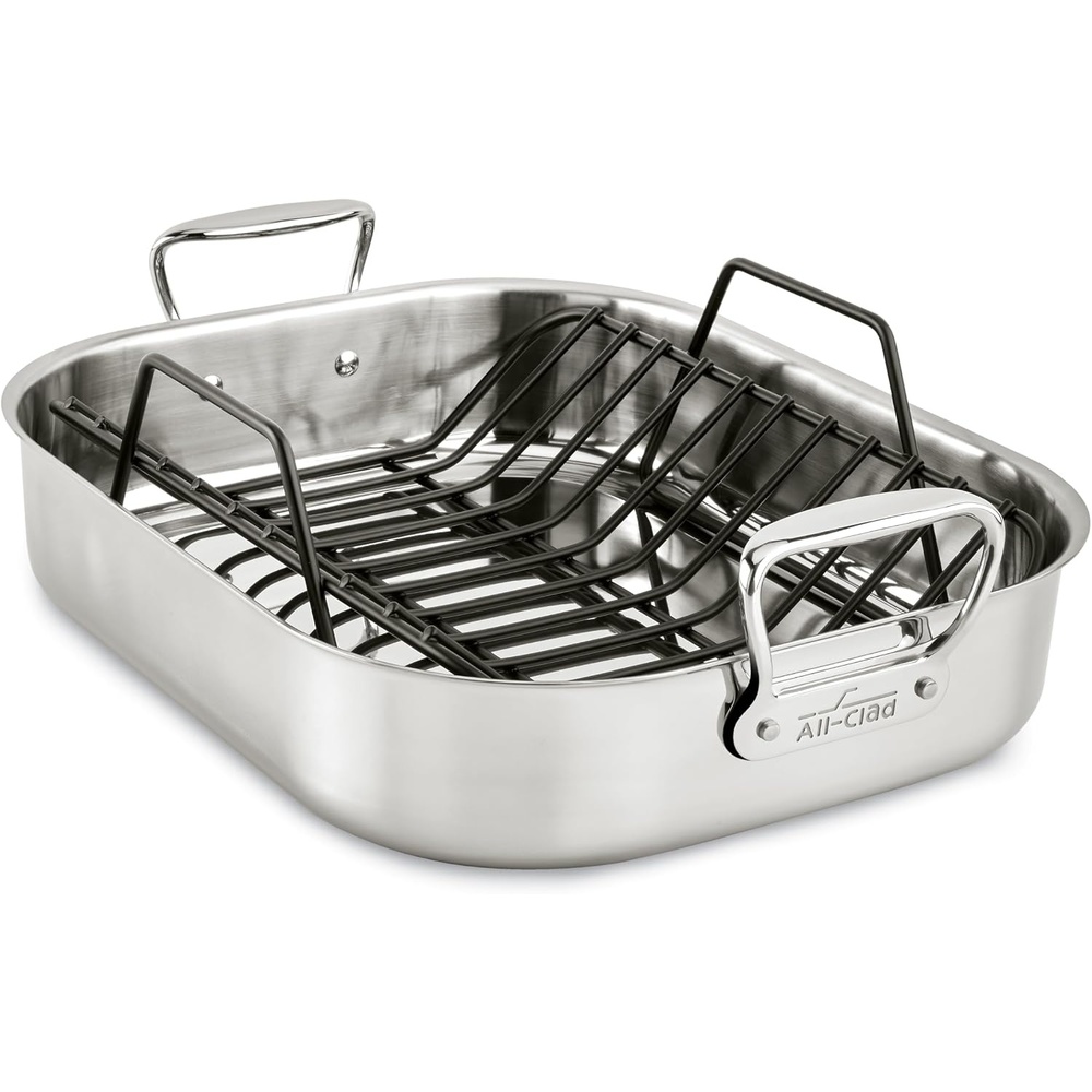 image:imageAllClad Specialty Stainless Steel Roaster with Nonstick Rack 11x14 Inch Oven Broiler Safe 500F Roaster Pan Pots and Pans Cookware Silver16x13 in