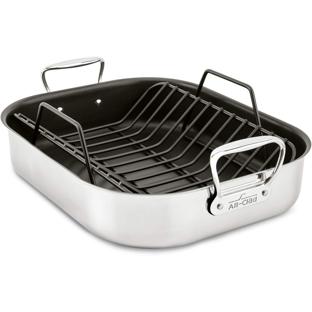 image:imageAllClad Specialty Stainless Steel Roaster with Nonstick Rack 11x14 Inch Oven Broiler Safe 600F Roaster Pan Pots and Pans Bakeware Silver13 x 16