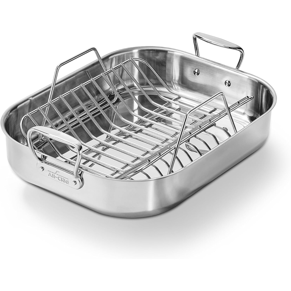 image:imageAllClad Specialty Stainless Steel Roaster with Nonstick Rack 11x14 Inch Oven Broiler Safe 600F Roaster Pan Pots and Pans Bakeware Silver14 x 18