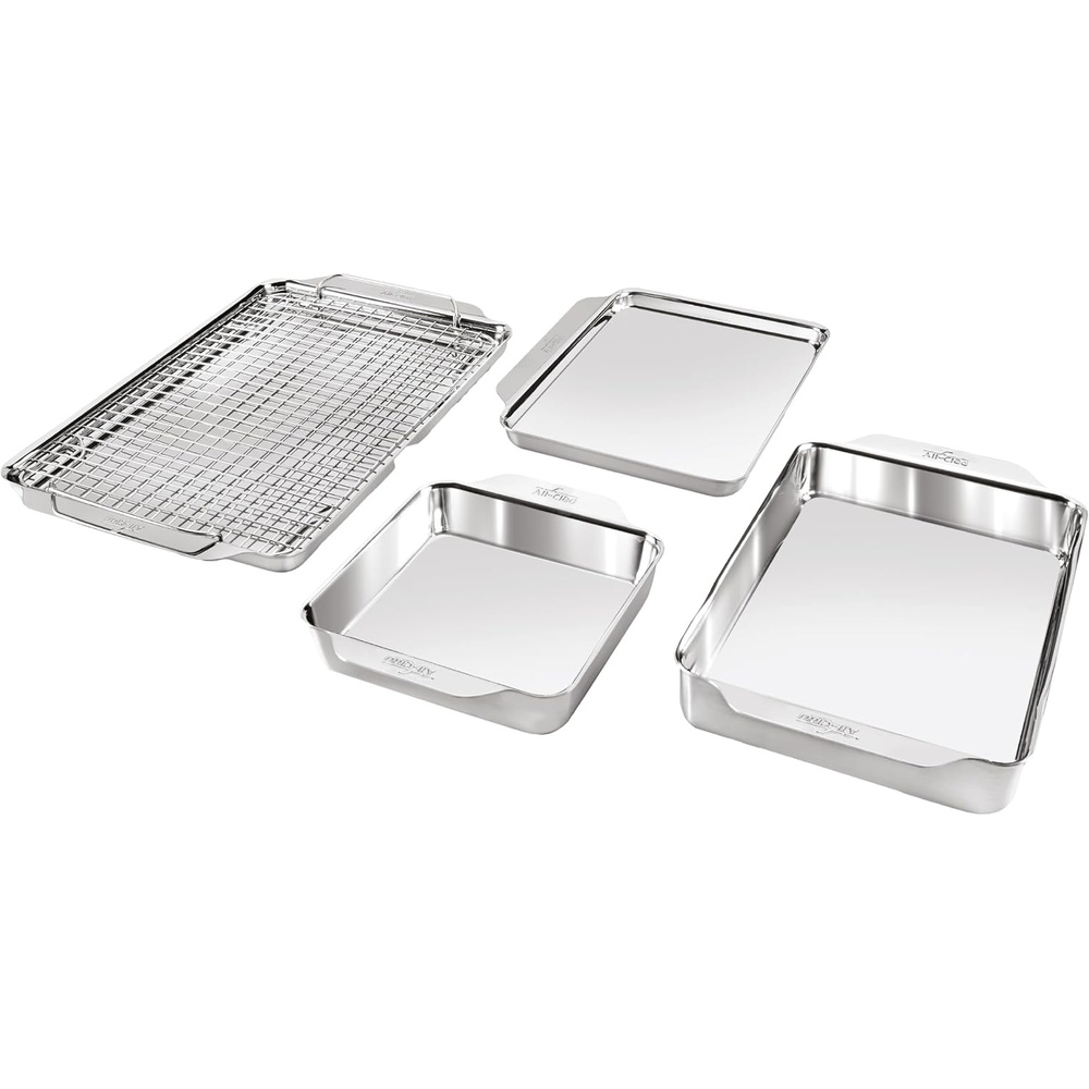 image:imageAllClad Stainless Steel Baking Pans 5Piece SetTriply Bonded for Consistent Baking Includes Square and Rectangular Baking Pans Baking Sheets amp Cooling Rack Professional Stainless Steel Bakeware5Piece Baking Pan Set with Cooling Rack
