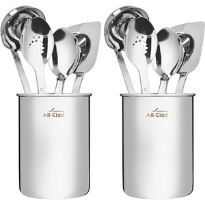 All-Clad 5-Piece Stainless Steel Kitchen Utensil Set – Includes Ladle, Solid Spoon, Slotted Spoon, Turner & Storage Caddy – Heavy-Gauge, Ergonomic, Dishwasher Safe, Silver(5-Piece (Pack of 2))