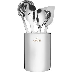 All-Clad 5-Piece Stainless Steel Kitchen Utensil Set – Includes Ladle, Solid Spoon, Slotted Spoon, Turner & Storage Caddy – Heavy-Gauge, Ergonomic, Dishwasher Safe, Silver(5-Piece)