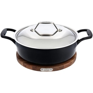 All-Clad Cast Iron Enameled Deep Skillet with Acacia Trivet 10 Inch Induction Oven Broiler Safe 650F Pots and Pans, Cookware Black(Cast Iron)